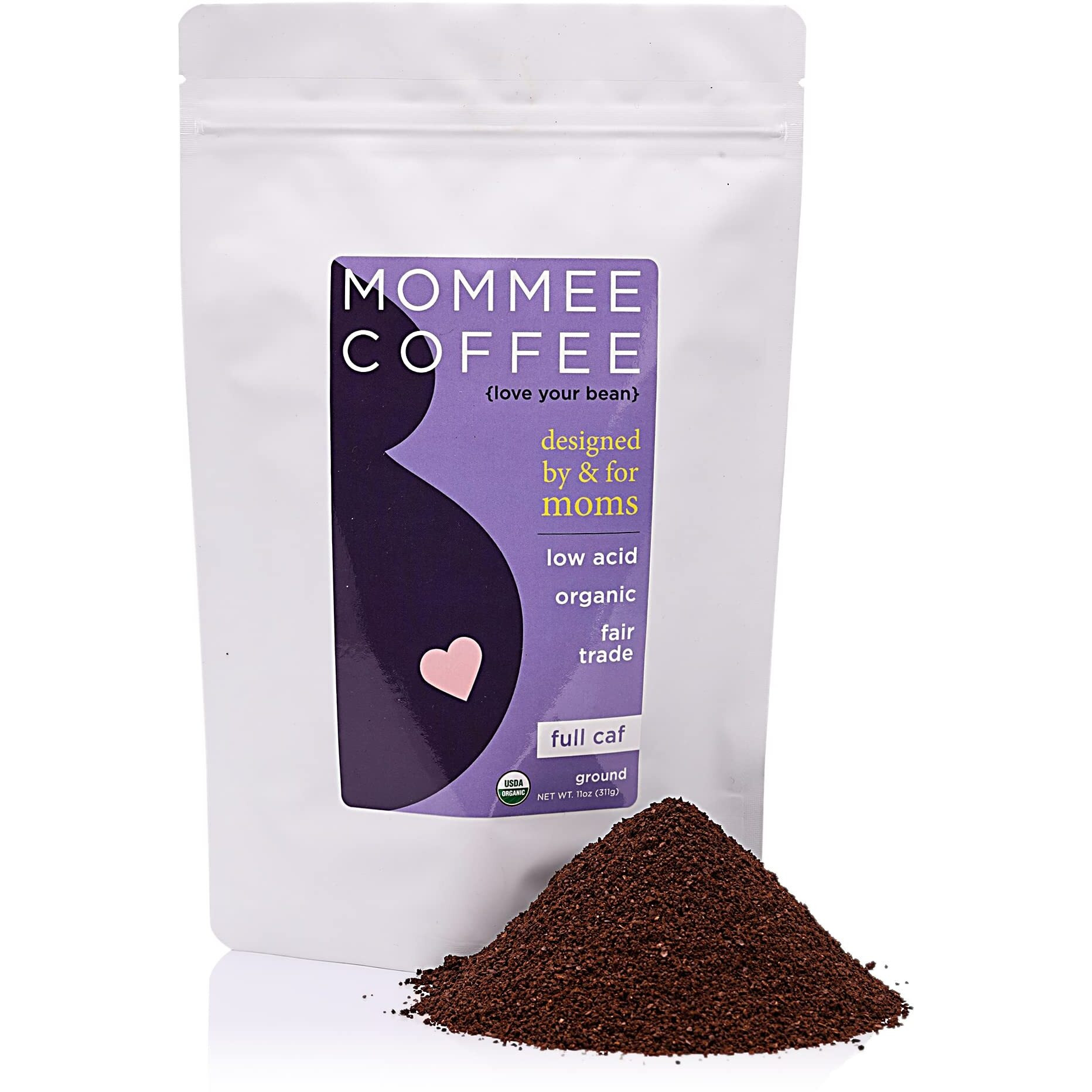 Mommee Coffee Full Caf Ground Low Acid Coffee - 100% Arabica Organic Coffee Beans With Smooth Caramel Flavor - Medium Grind For Drip, Reusable One Cup Filters - 11 Oz