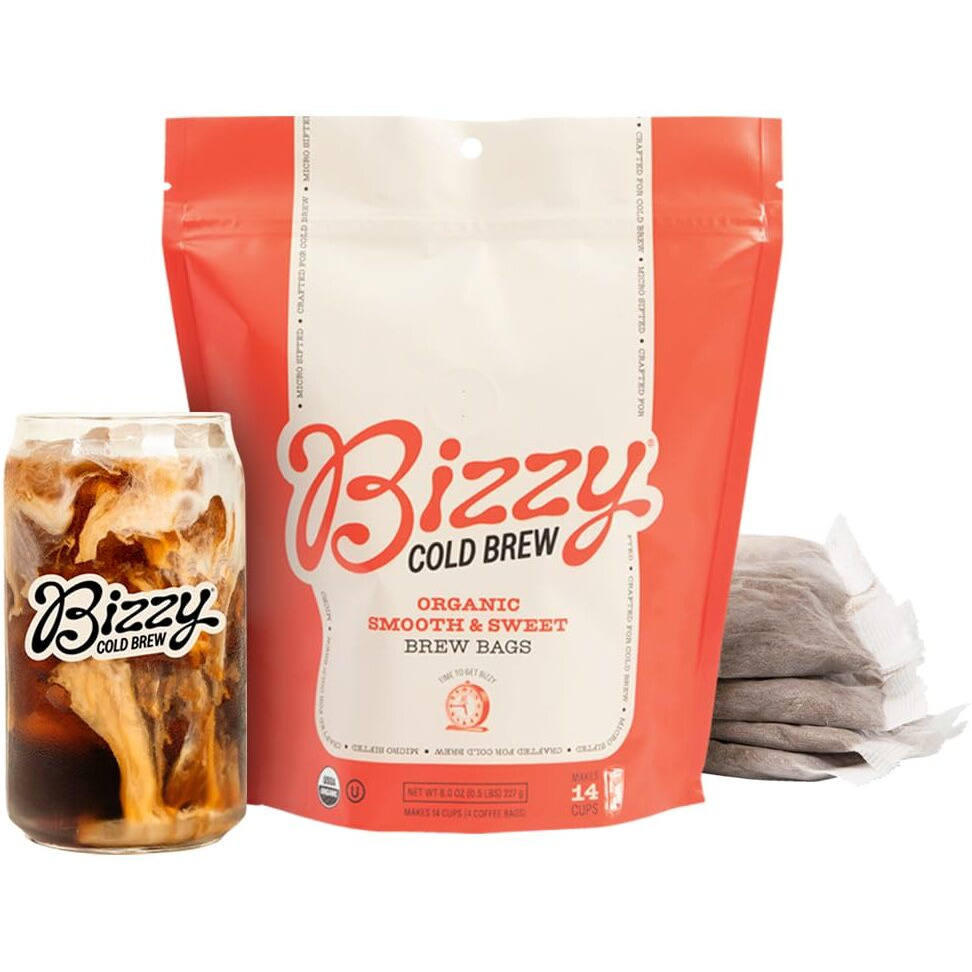 Bizzy Organic Cold Brew Coffee | Smooth & Sweet Blend | Coarse Ground Coffee | Medium Roast | Micro Sifted | Specialty Grade | 100% Arabica | Brew Bags | 4 Count | Makes 14 Cups
