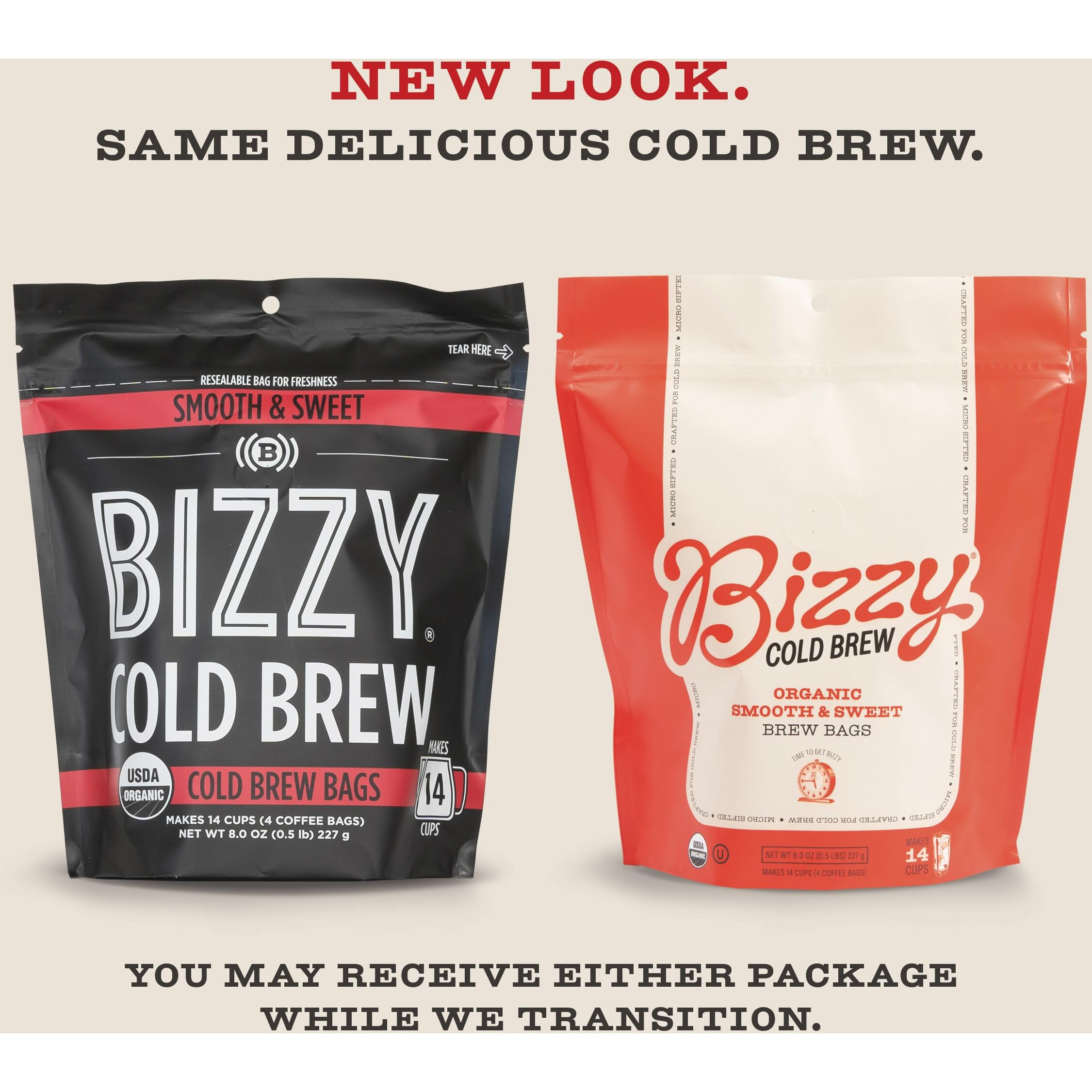 Bizzy Organic Cold Brew Coffee | Smooth & Sweet Blend | Coarse Ground Coffee | Medium Roast | Micro Sifted | Specialty Grade | 100% Arabica | Brew Bags | 4 Count | Makes 14 Cups