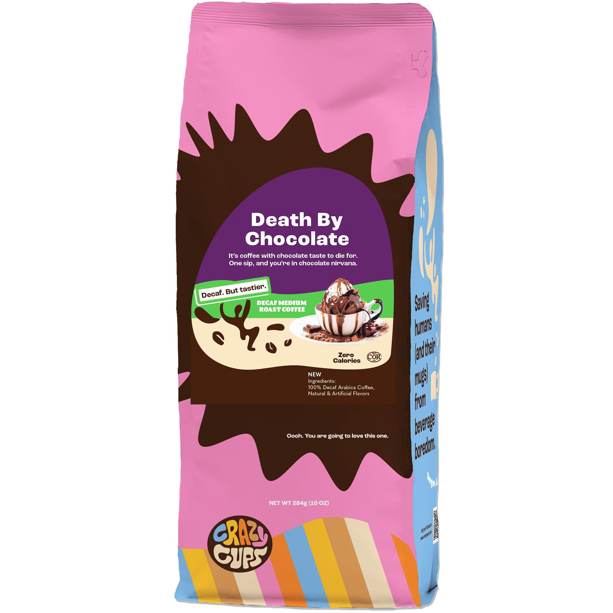 Crazy Cups Flavored Ground Decaf Chocolate Coffee, Decaffeinated Death By Chocolate Coffee In 10 Oz Bag, For Brewing Flavored Hot Or Iced Coffee, (Pack Of 1)