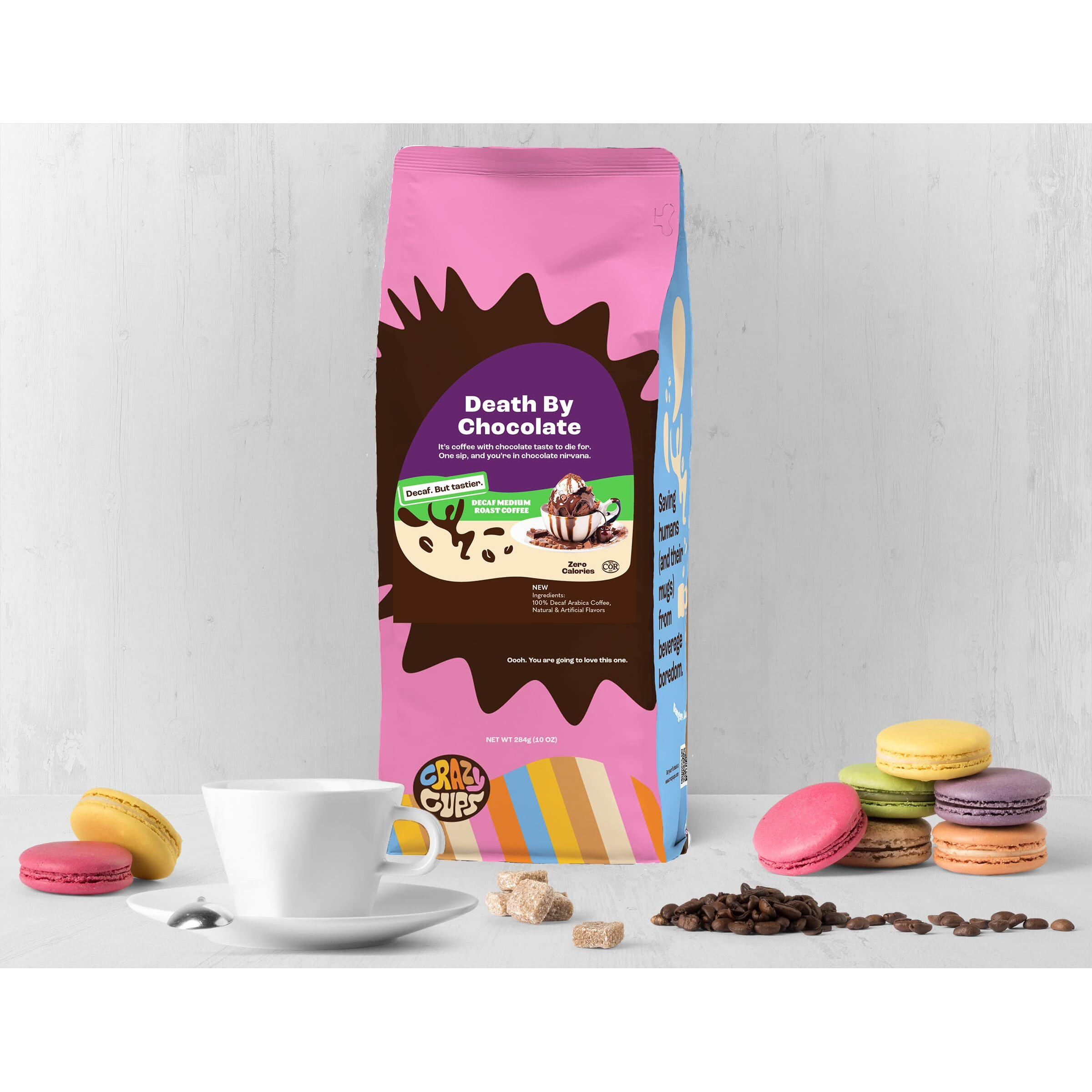 Crazy Cups Flavored Ground Decaf Chocolate Coffee, Decaffeinated Death By Chocolate Coffee In 10 Oz Bag, For Brewing Flavored Hot Or Iced Coffee, (Pack Of 1)