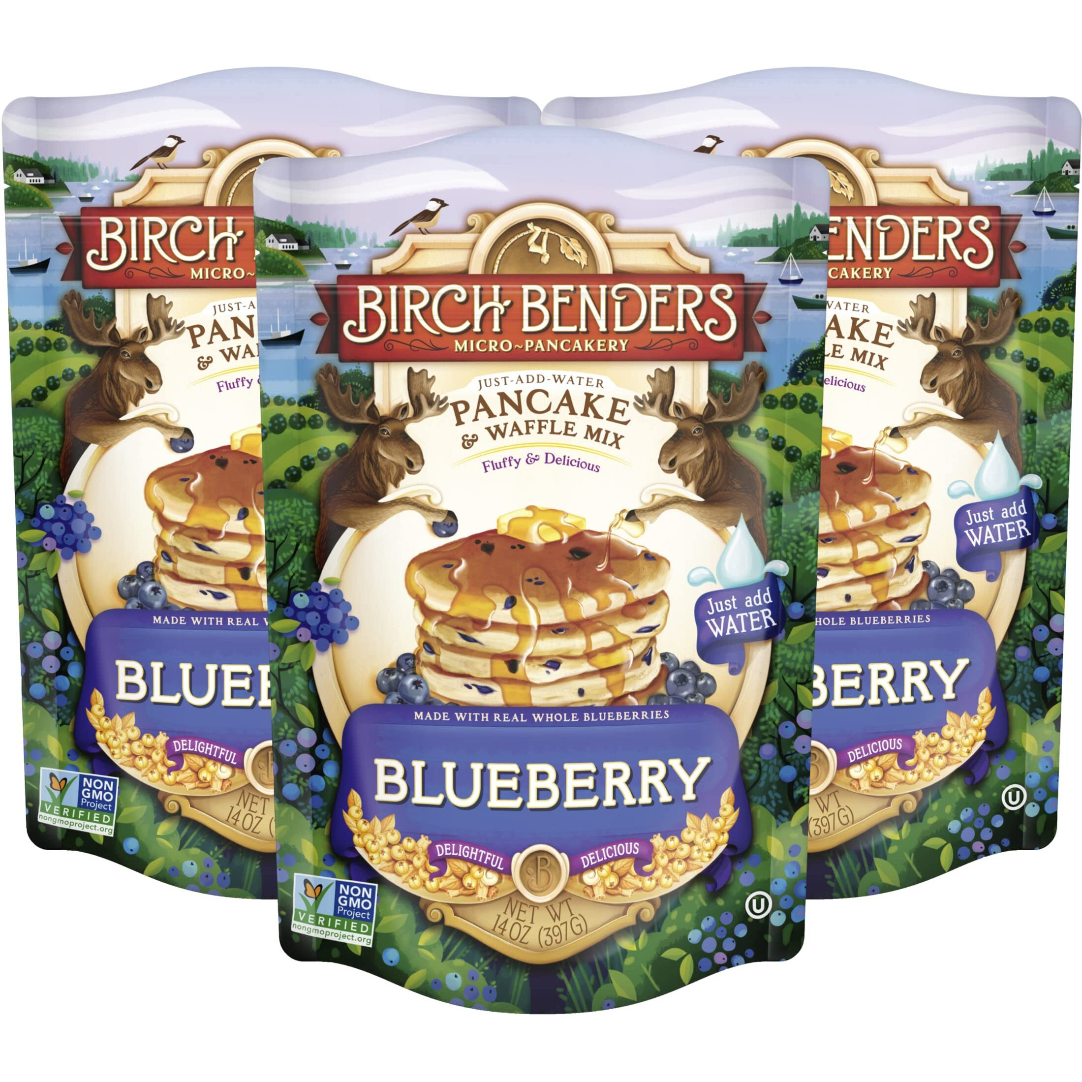 Blueberry Pancake & Waffle Mix By Birch Benders, Made With Real Blueberries, Just Add Water, Non-Gmo, Just Add Water, 14 Oz (Pack Of 3)