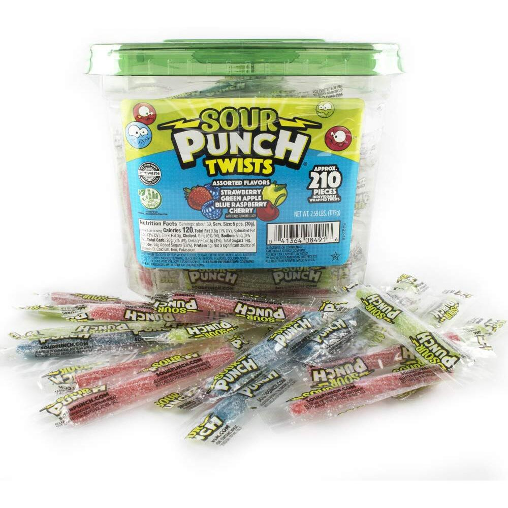 Sour Punch Twists, 3"" Individually Wrapped Chewy Candy, 4 Fruity Flavors, 2.59 Lb Jar, 210 Count