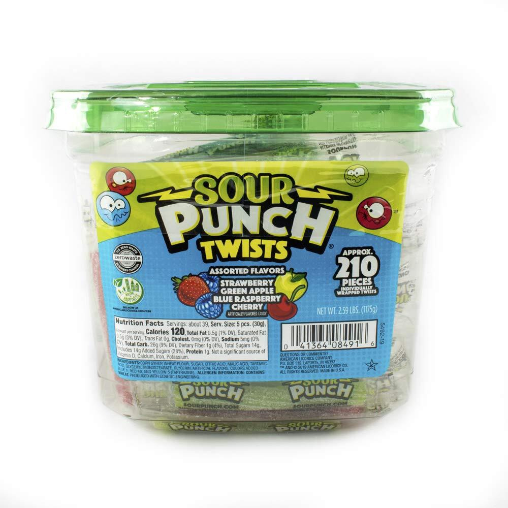 Sour Punch Twists, 3"" Individually Wrapped Chewy Candy, 4 Fruity Flavors, 2.59 Lb Jar, 210 Count