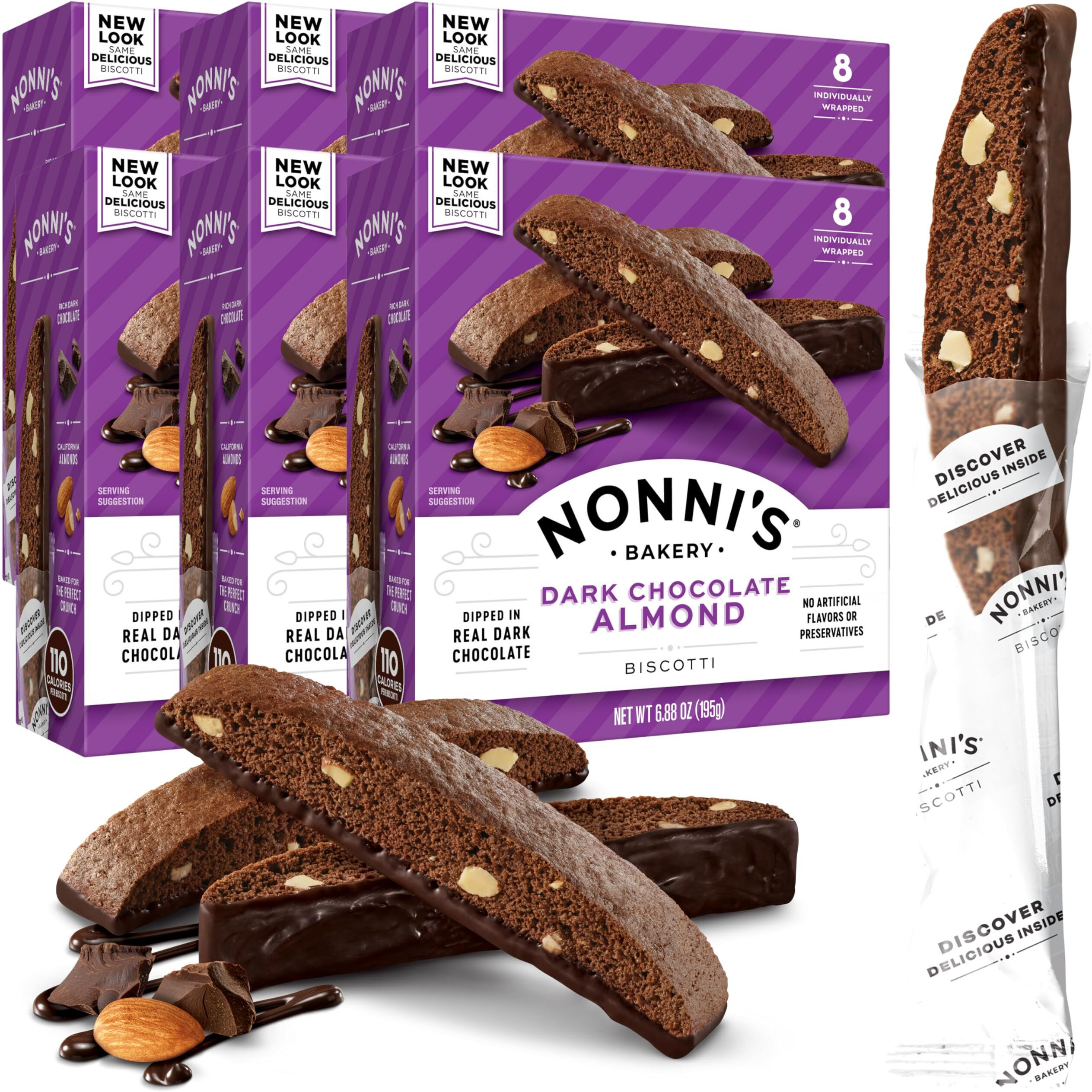 Nonni's Dark Chocolate Almond Biscotti Italian Cookies - 6 Boxes Dark Chocolate Cookies - Biscotti Individually Wrapped Cookies - Italian Biscotti Cookies W/Bittersweet Chocolate & Almonds - 6.88 Oz