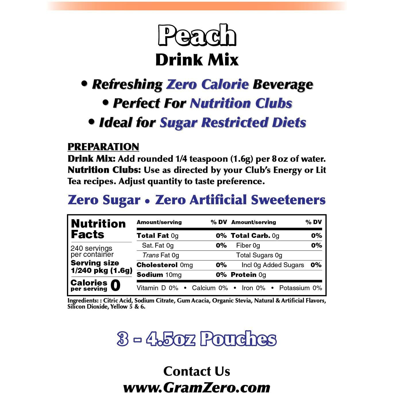 Gramzero Peach Zero Calorie Sugar Free Drink Mix, Great For Nutrition Club Loaded Teas, Stevia Sweetened