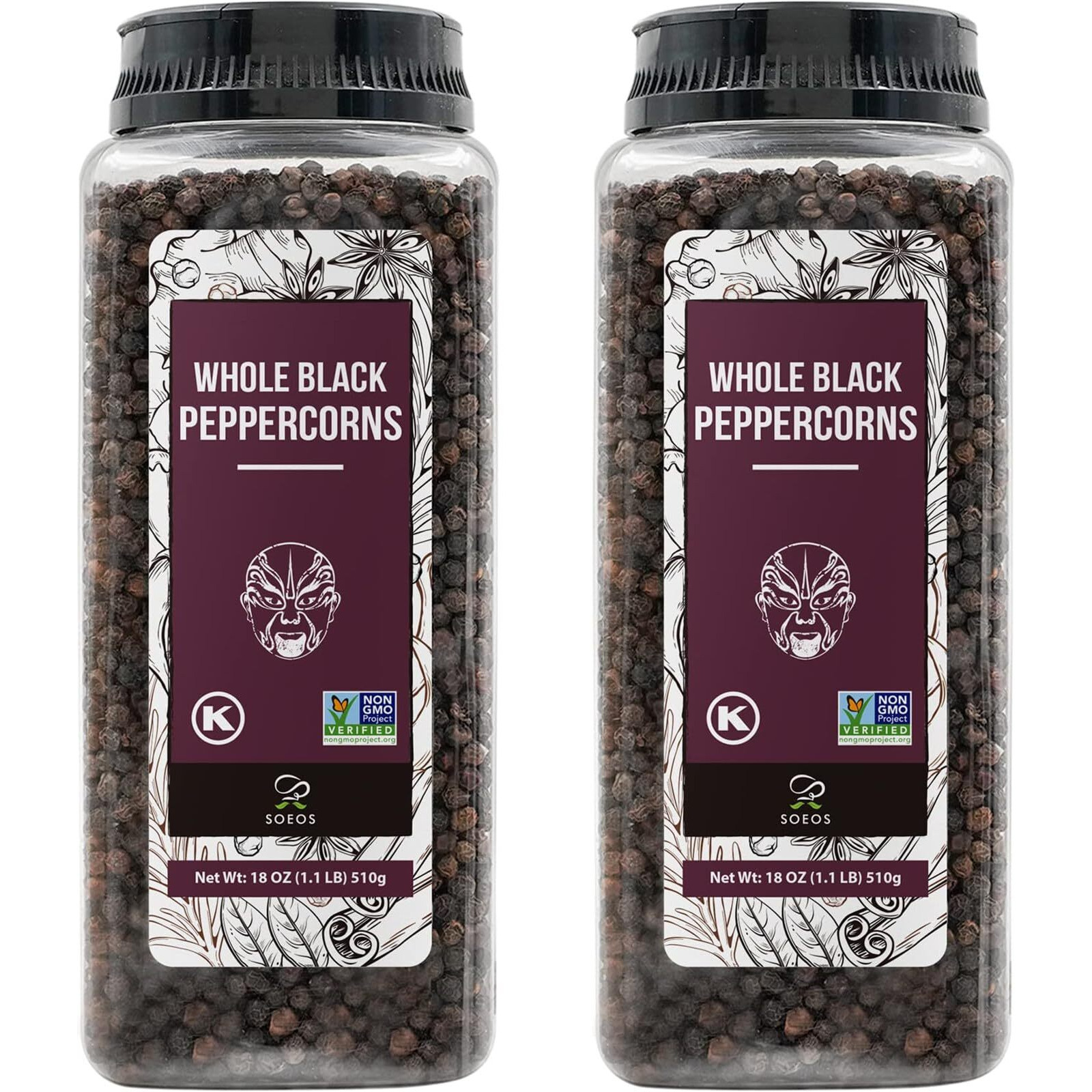 Soeos Black Peppercorns, 36Oz (Pack Of 2), Non-Gmo, Kosher, Packed To Keep Peppers Fresh, Peppercorn For Grinder Refill, Whole Peppercorns