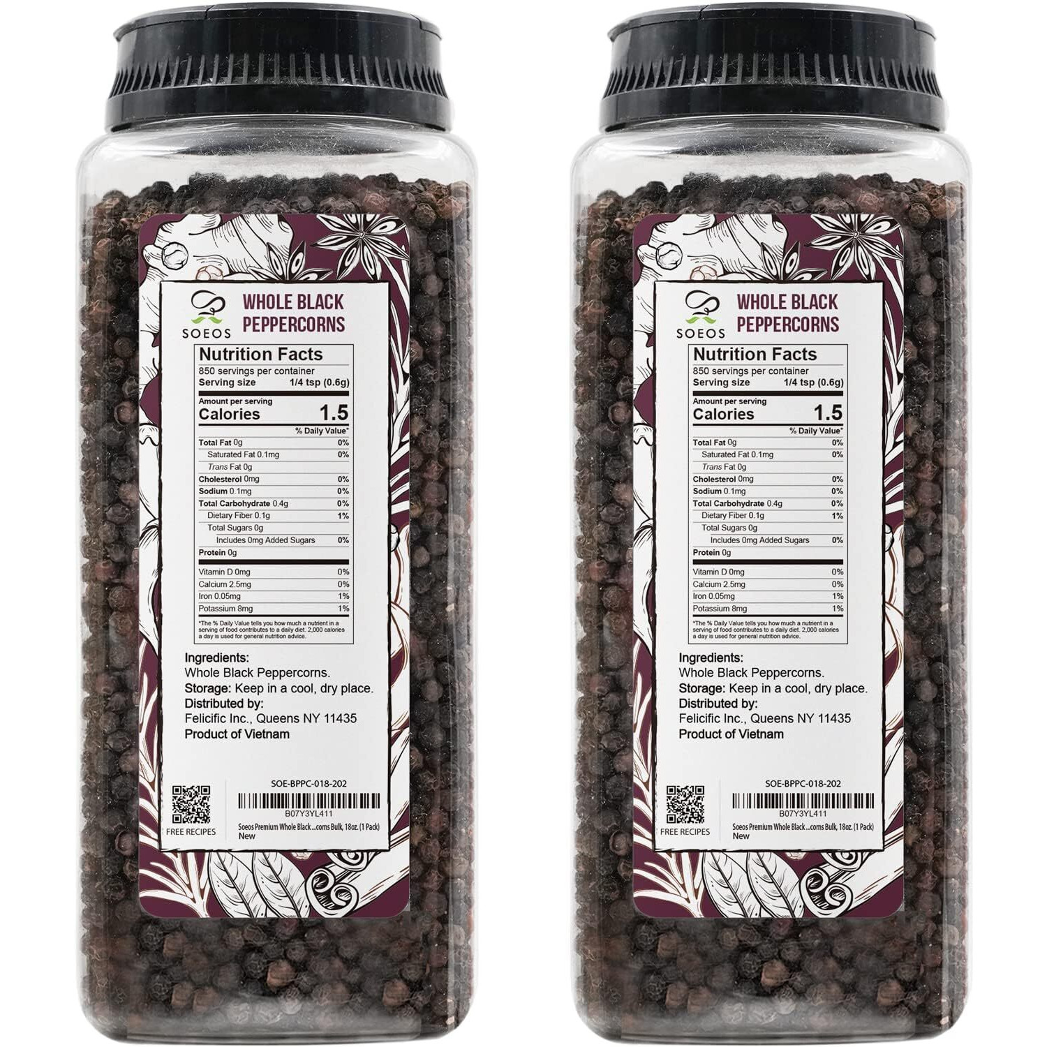 Soeos Black Peppercorns, 36Oz (Pack Of 2), Non-Gmo, Kosher, Packed To Keep Peppers Fresh, Peppercorn For Grinder Refill, Whole Peppercorns