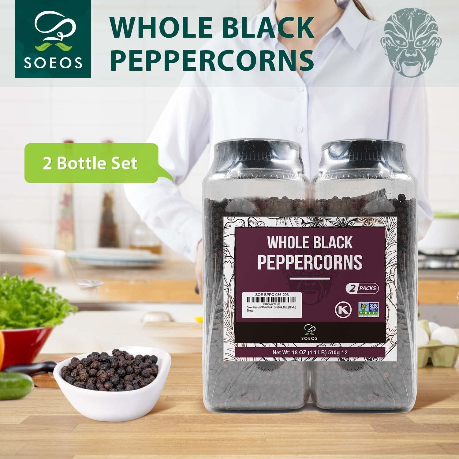 Soeos Black Peppercorns, 36Oz (Pack Of 2), Non-Gmo, Kosher, Packed To Keep Peppers Fresh, Peppercorn For Grinder Refill, Whole Peppercorns