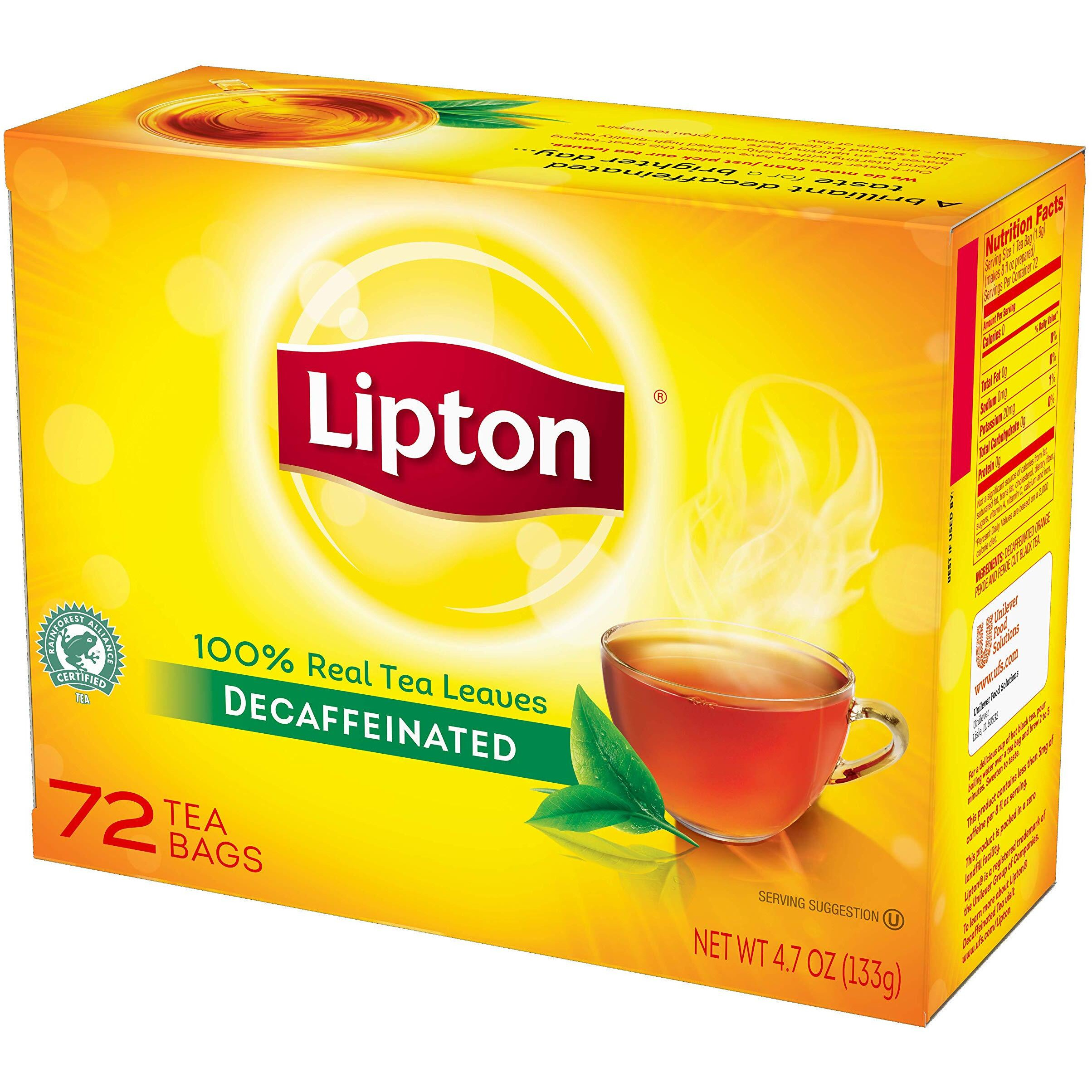 Lipton Decaffeinated Black Enveloped Tea Bags, 72 Count (Pack Of 6)
