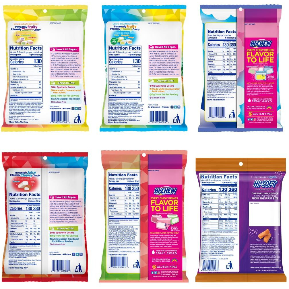 Hi-Chew Variety Mix, Pack Of 6 Bags Including Salted Caramel -15 Flavors Asst - Unique Fun Soft & Chewy Taffy Candy - Immensely Juicy Fruit Flavors - Individually Wrapped For Sharing