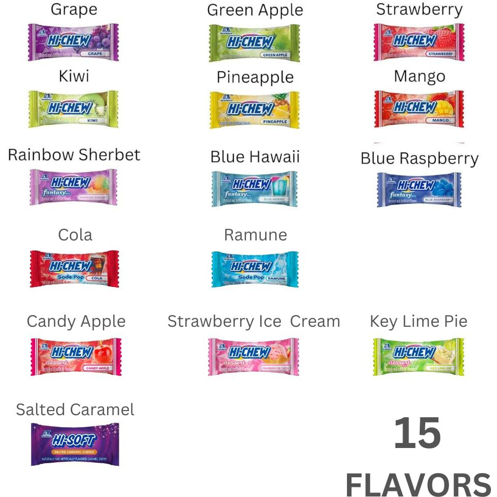 Hi-Chew Variety Mix, Pack Of 6 Bags Including Salted Caramel -15 Flavors Asst - Unique Fun Soft & Chewy Taffy Candy - Immensely Juicy Fruit Flavors - Individually Wrapped For Sharing