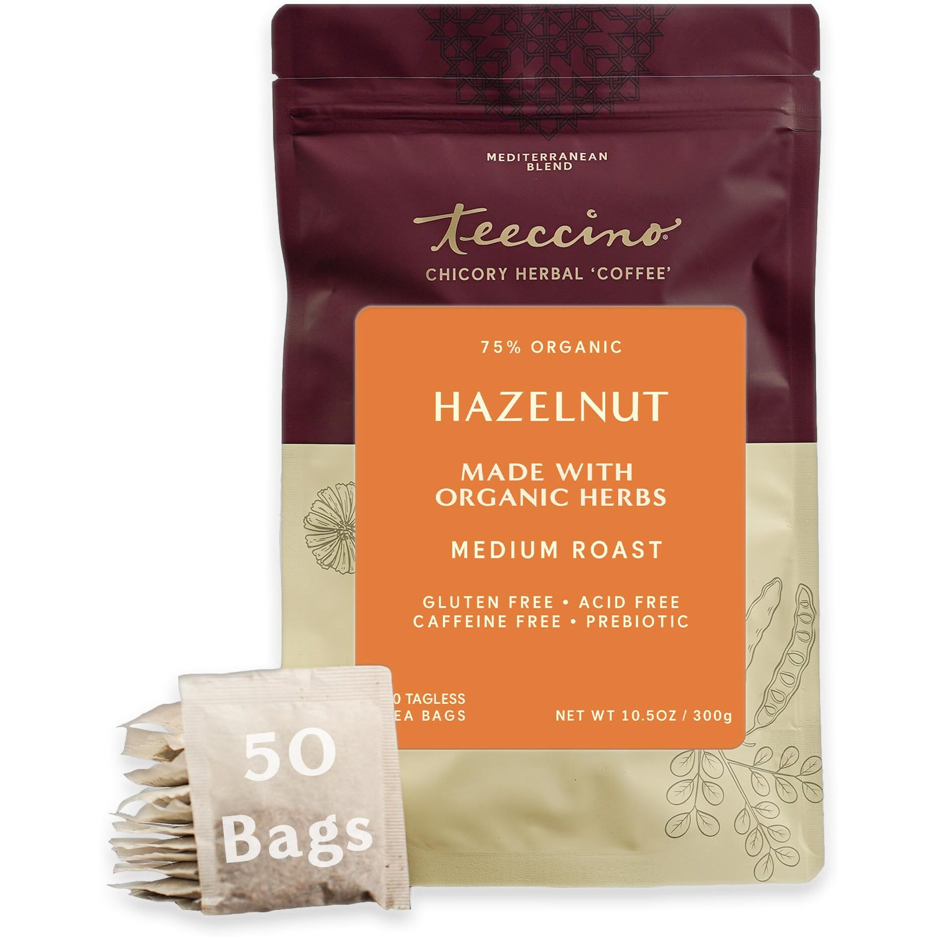 Teeccino Hazelnut Roasted Herbal Tea - Caffeine Free, Prebiotic, 3X More Herbs - 50 Tagless Eco-Friendly Tea Bags