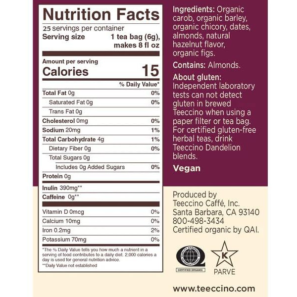 Teeccino Hazelnut Roasted Herbal Tea - Caffeine Free, Prebiotic, 3X More Herbs - 50 Tagless Eco-Friendly Tea Bags