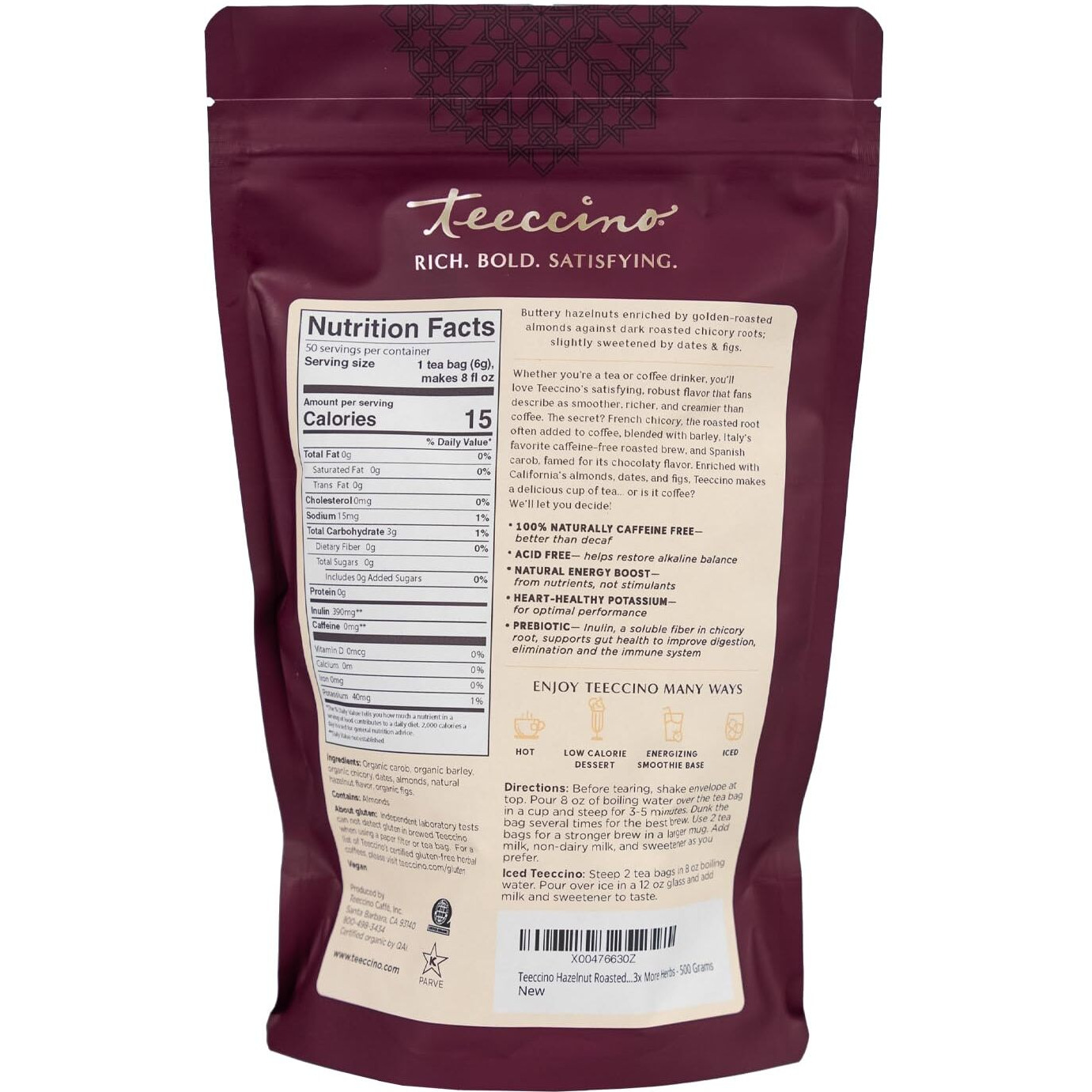 Teeccino Hazelnut Roasted Herbal Tea - Caffeine Free, Prebiotic, 3X More Herbs - 50 Tagless Eco-Friendly Tea Bags