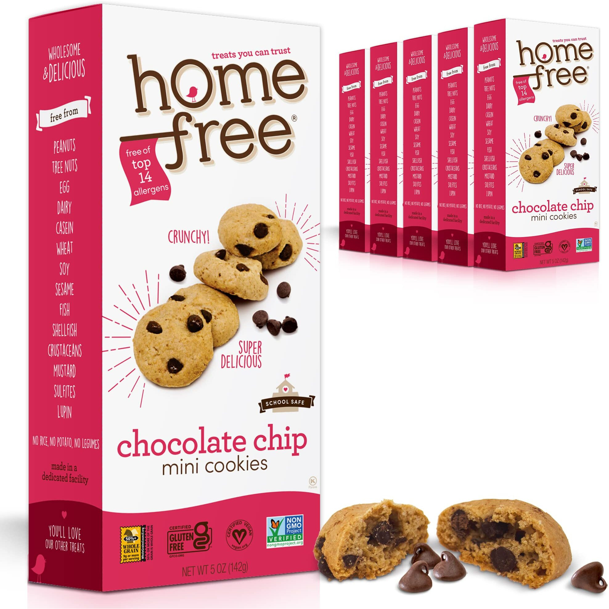 Homefree Mini Chocolate Chip Cookies, Gluten Free, Nut Free, Vegan, School Safe And Allergy Friendly Snack, 5 Oz. Box (Pack Of 6)