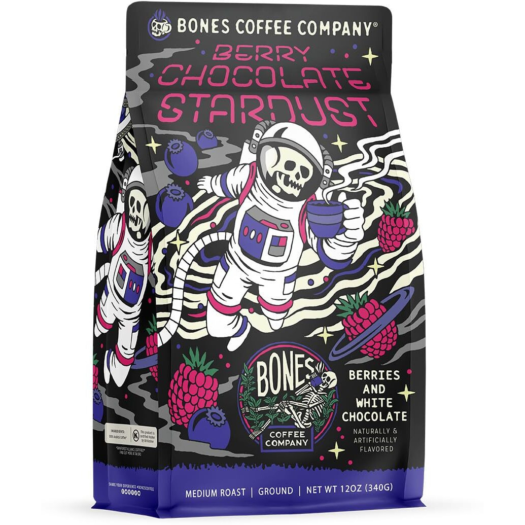 Bones Coffee Company Berry Chocolate Stardust Ground Coffee Beans Berries And White Chocolate Flavor | 12 Oz Flavored Coffee Gifts Low Acid Medium Roast Gourmet Coffee (Ground)