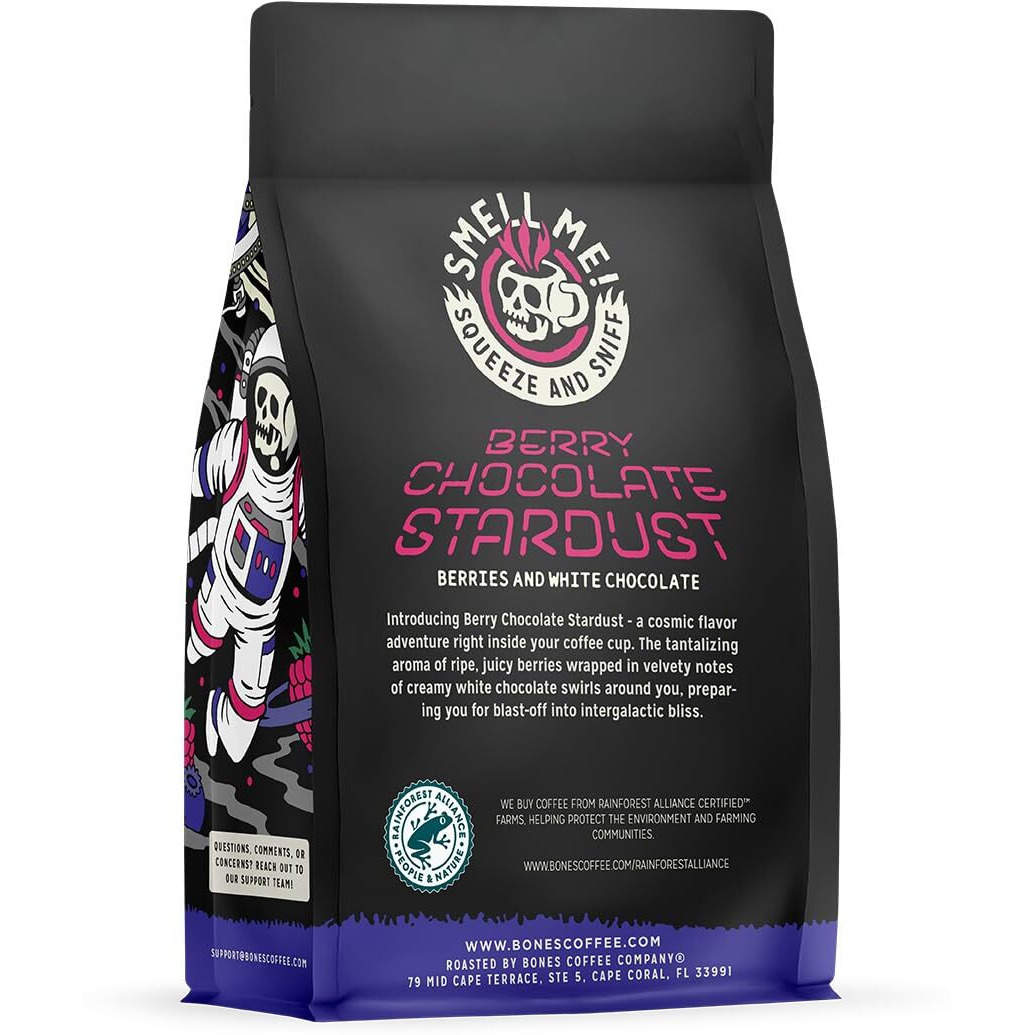 Bones Coffee Company Berry Chocolate Stardust Ground Coffee Beans Berries And White Chocolate Flavor | 12 Oz Flavored Coffee Gifts Low Acid Medium Roast Gourmet Coffee (Ground)