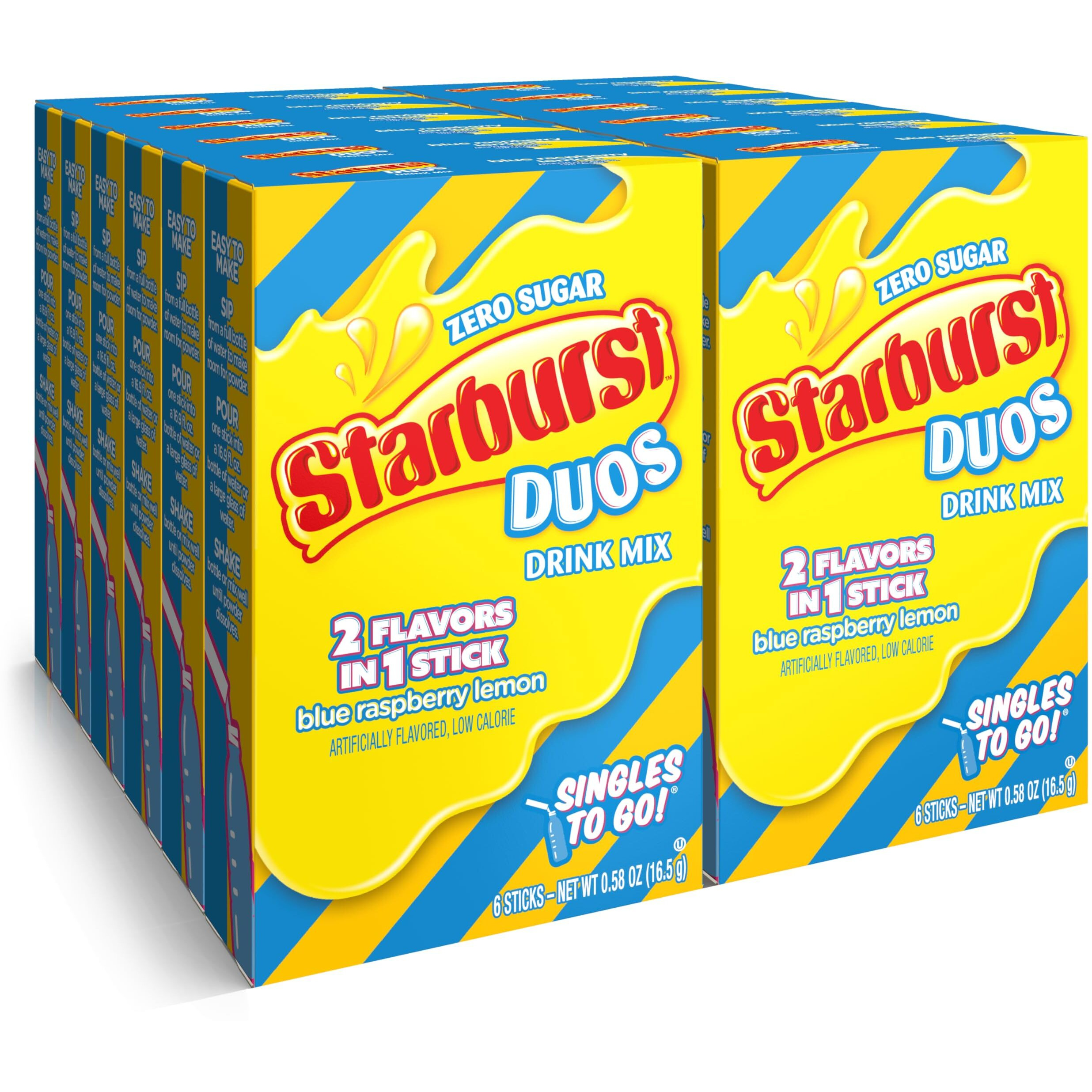 Starburst Duos Singles To Go Powdered Drink Mix, Blue Raspberry Lemon, 12 Boxes With 6 Packets Each - 72 Total Servings, Sugar-Free Drink Powder, Just Add Water, 6 Count (Pack Of 12)