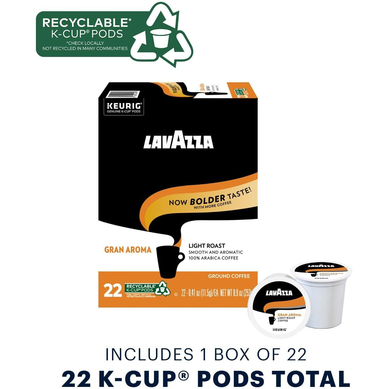 Lavazza Gran Aroma Single-Serve Coffee K-Cup Pods For Keurig Brewer, 22 Count (Pack Of 4) Balanced Light Roast With Floral Aroma And Notes Of Citrus, 100% Arabica