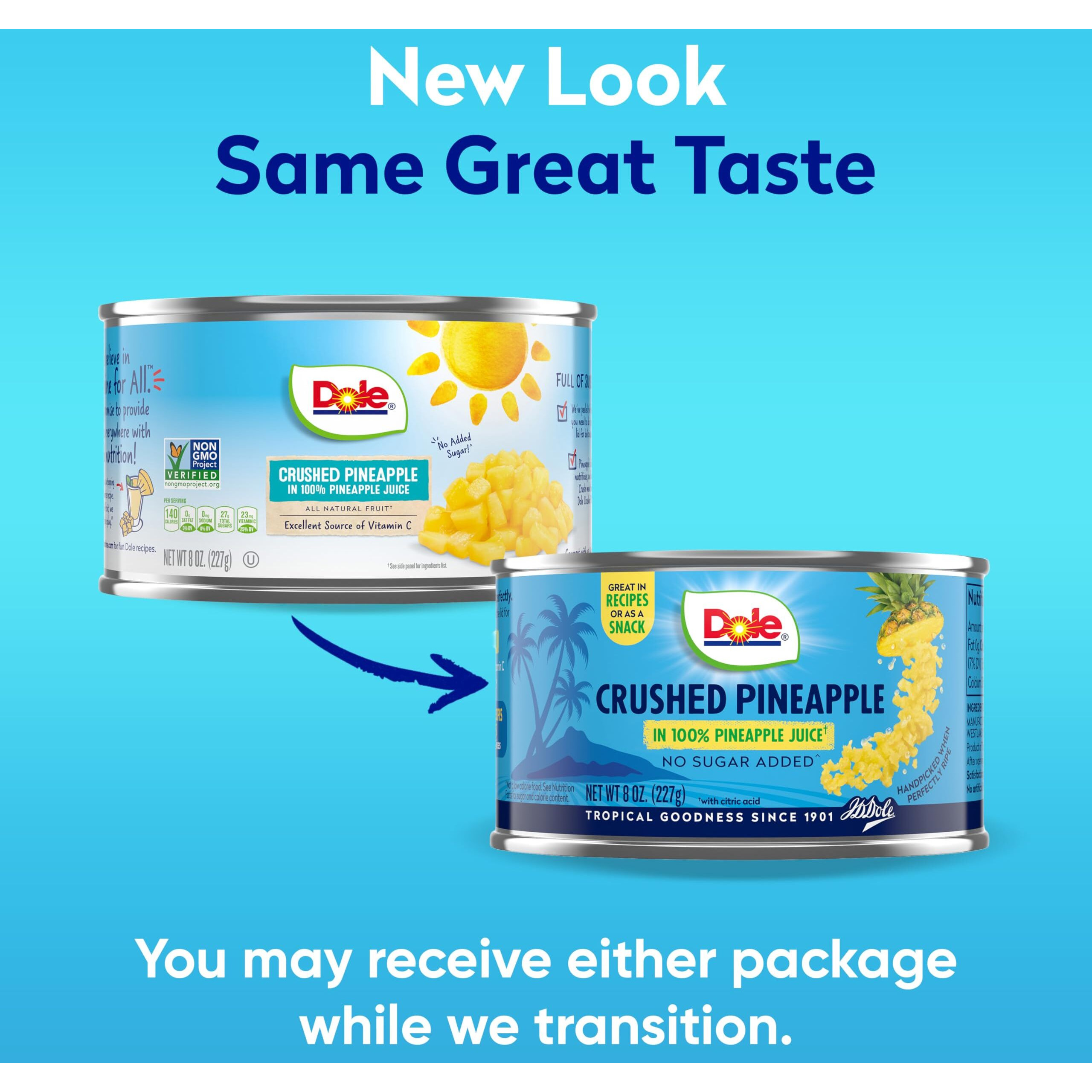 Dole Canned Fruit, Crushed Pineapple In 100% Pineapple Juice, Gluten Free, Pantry Staples, 8 Oz, 12 Count, Packaging May Vary