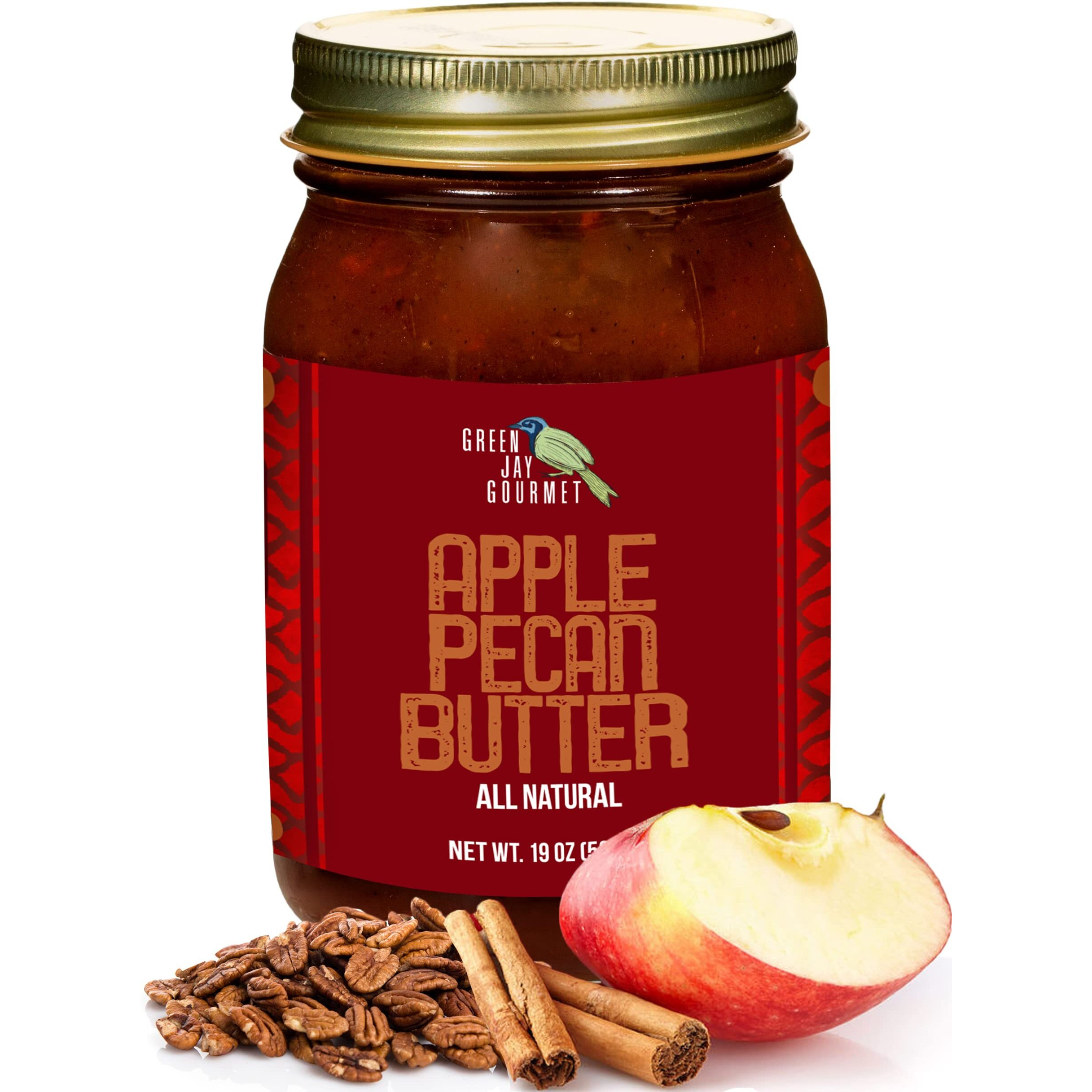 Green Jay Gourmet Apple Pecan Butter - All-Natural, Gluten-Free Fruit Spread - Pecan Apple Butter With Cinnamon - Gourmet Fruit Butter - No Corn Syrup, Preservatives Or Trans-Fats - 19 Ounces
