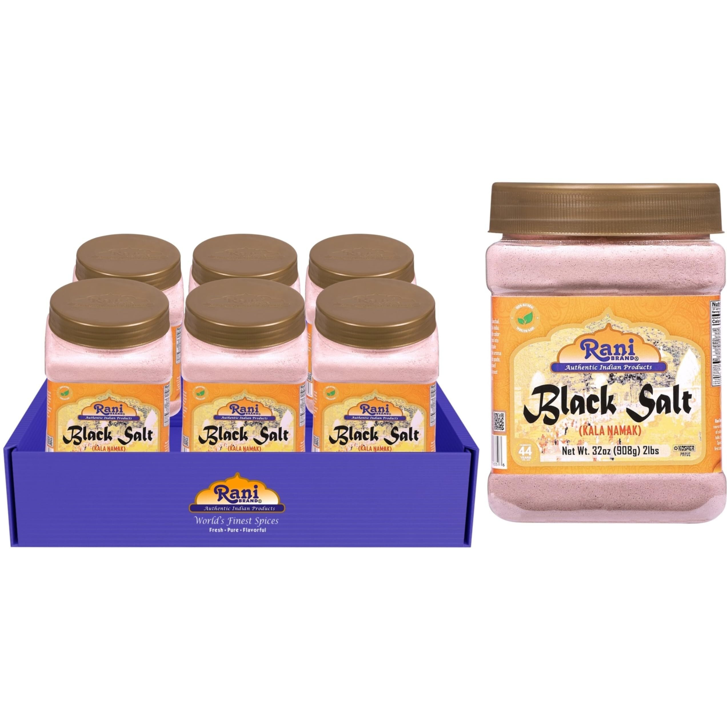 Rani Black Salt Powder (Kala Namak) Mineral 32Oz (2Lbs) 908G Pet Jar, Pack Of 6 ~ Unrefined, Pure & Natural | Vegan | Gluten Friendly | Non-Gmo | Kosher | Indian Origin | Perfect For Tofu Scramble