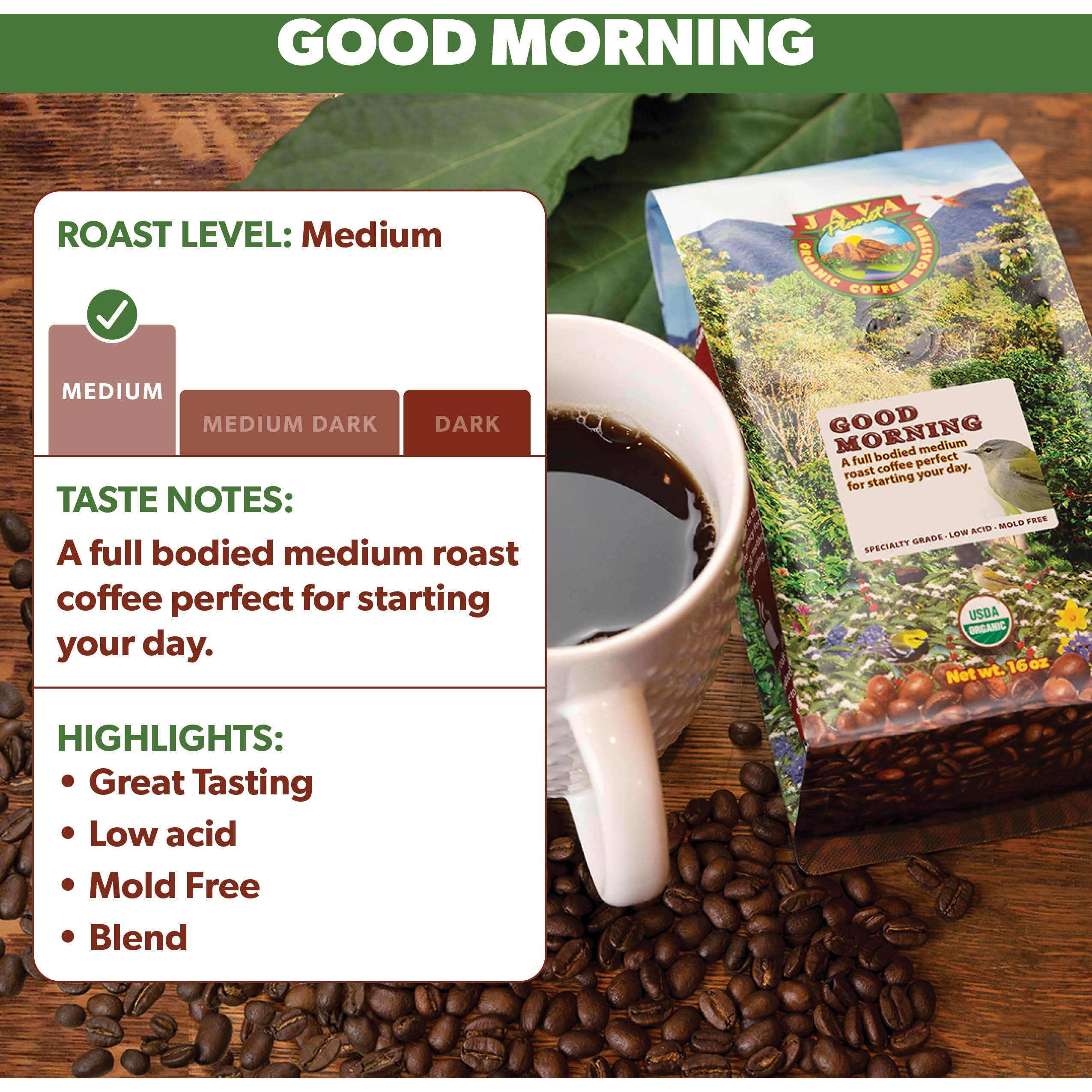 Java Planet Organic, Good Morning Blend Medium Roast, Smooth Full Flavored Organic Coffee Beans, Low Acid, Whole Bean Coffee Two 1Lb Bags