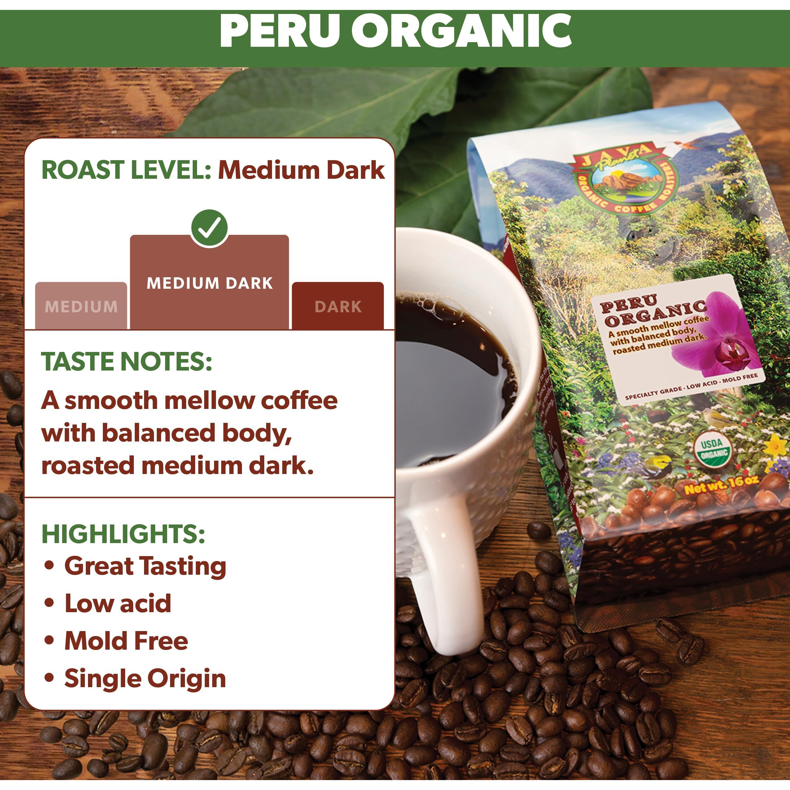 Java Planet Organic, Peru Single Origin Medium Dark Roast, Smooth Full Flavored Organic Coffee Beans, Low Acid, Whole Bean Coffee, Smithsonian Bird Friendly Two 1Lb Bags