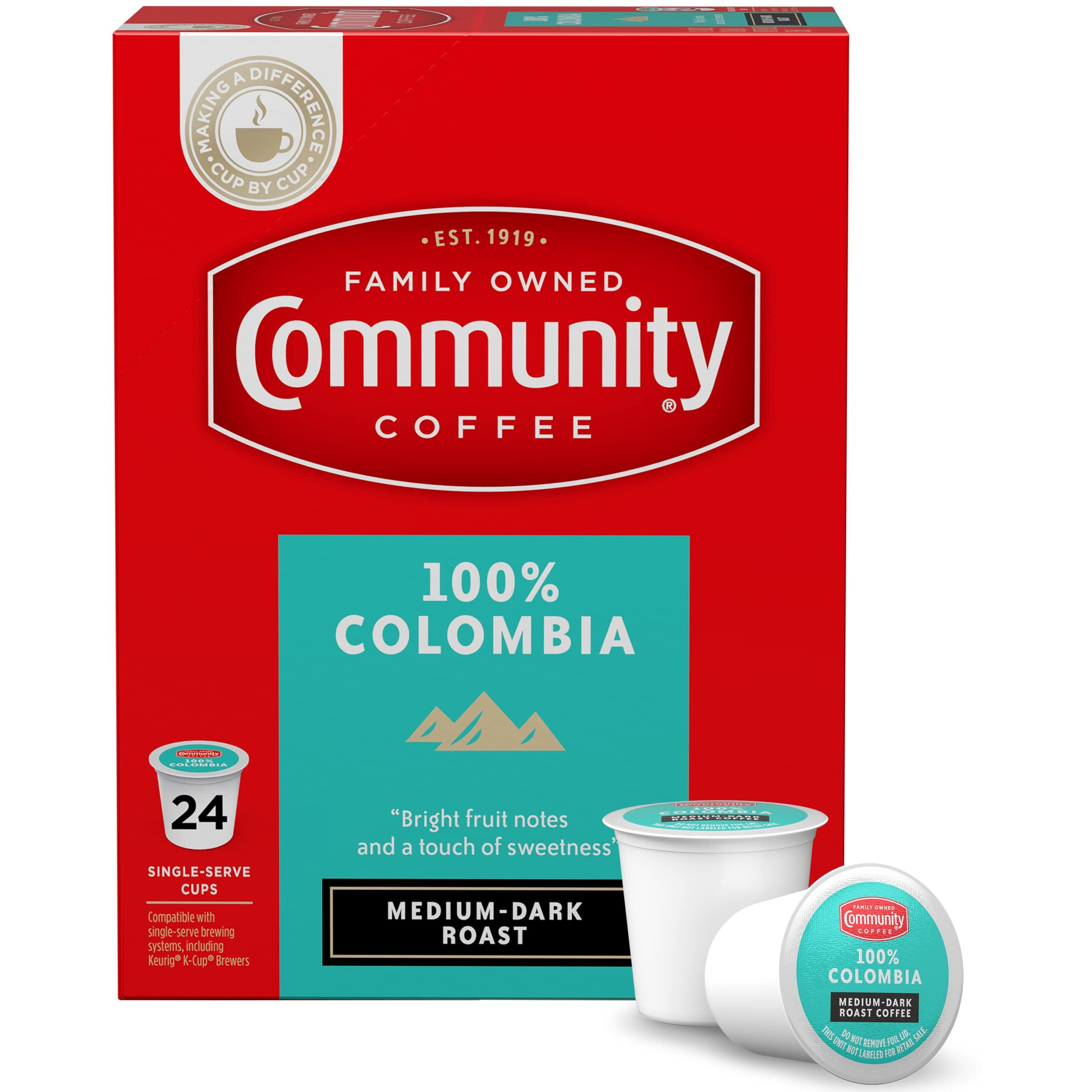 Community Coffee 100% Colombia 24 Count Coffee Pods, Medium Dark Roast, Compatible With Keurig 2.0 K-Cup Brewers