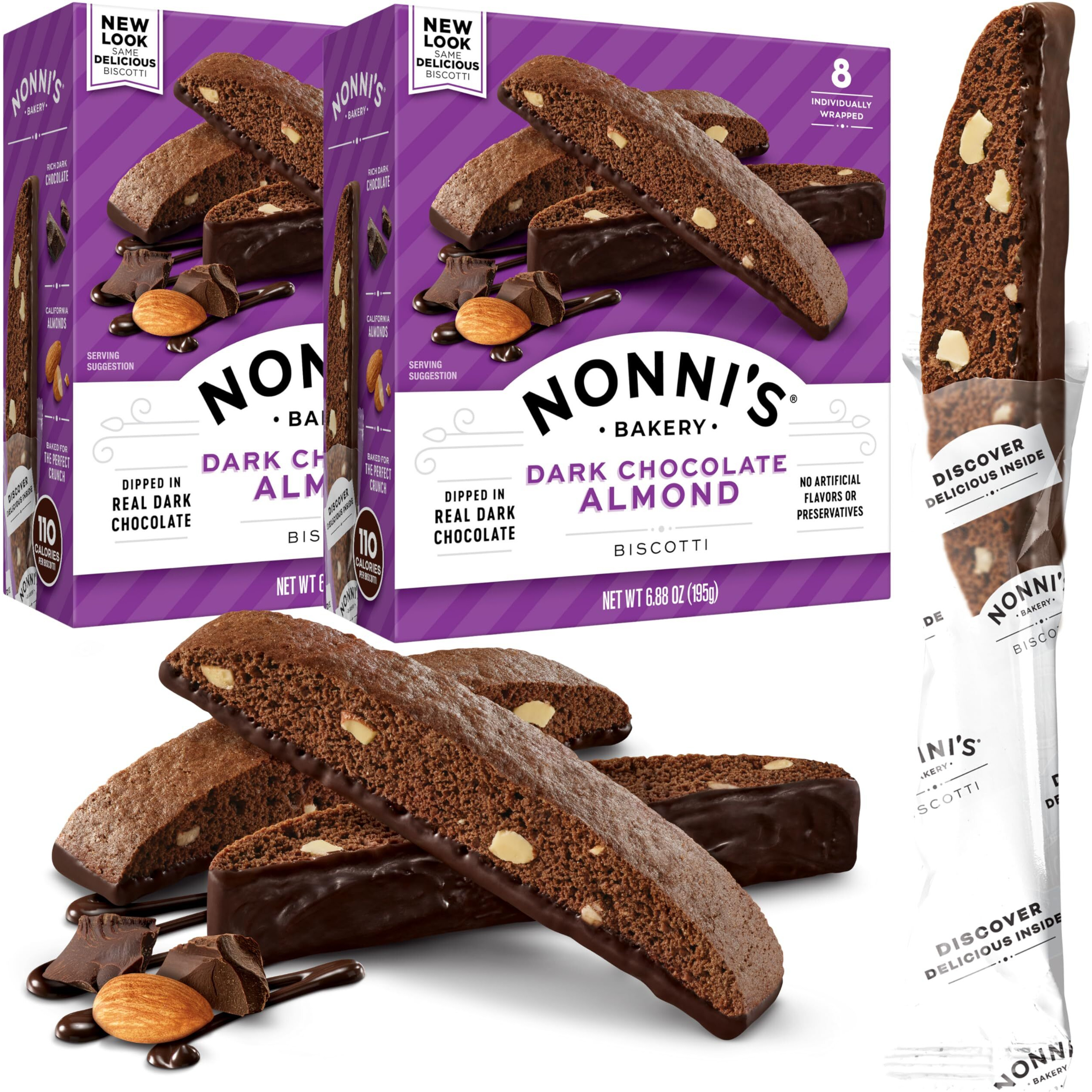 Nonni's Dark Chocolate Almond Biscotti Italian Cookies - 2 Boxes Dark Chocolate Cookies - Biscotti Individually Wrapped Cookies - Italian Biscotti Cookies W/Bittersweet Chocolate & Almonds - 6.88 Oz