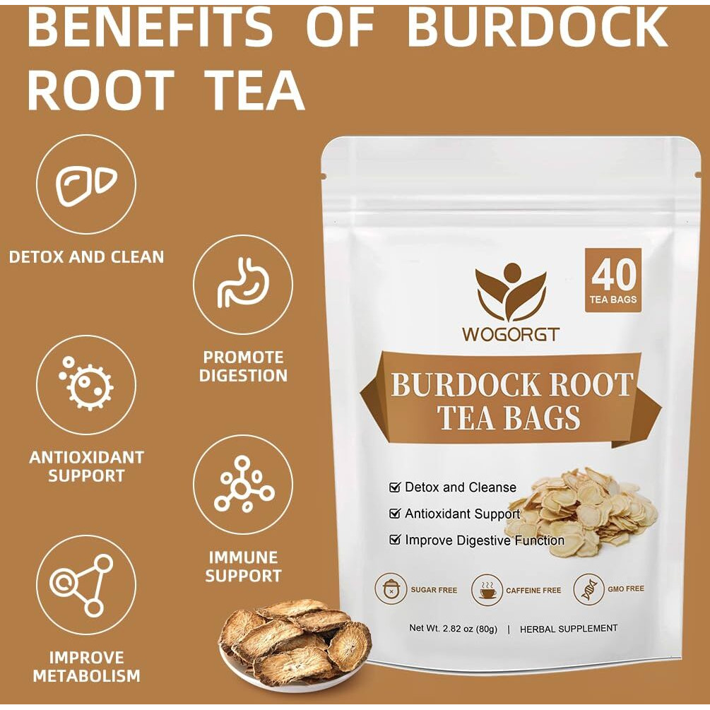 Burdock Root Tea - Natural Burdock Root Herbal Tea Bags For Liver Support, Antioxidant, Digestion And Immune Support, Caffeine Free - 40 Tea Bags