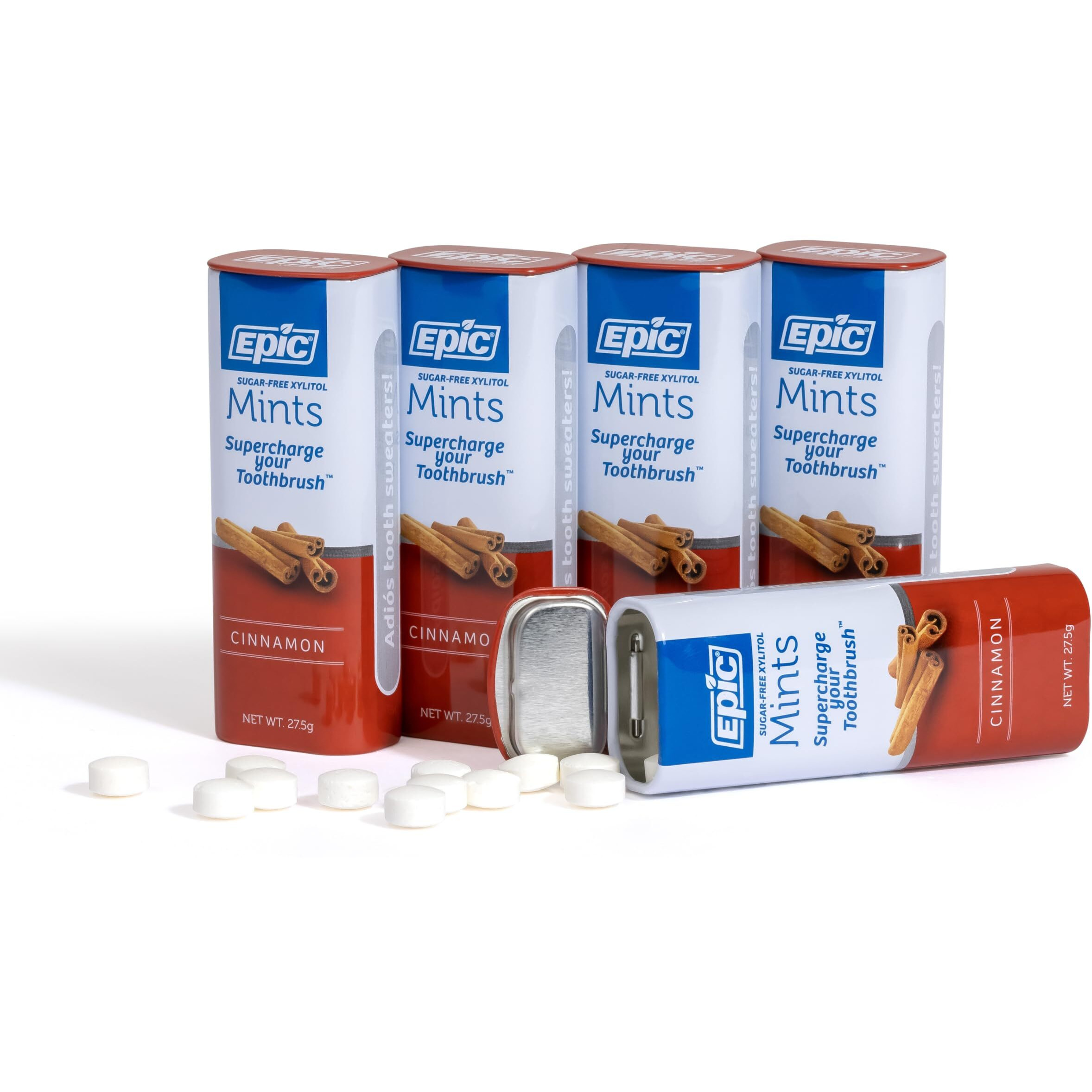 Epic Xylitol Mints - Sugar Free & Aspartame Free Mints Sweetened W/Xylitol For Dry Mouth & Gum Health (Cinnamon, 55-Piece Tin, 10 Tins)