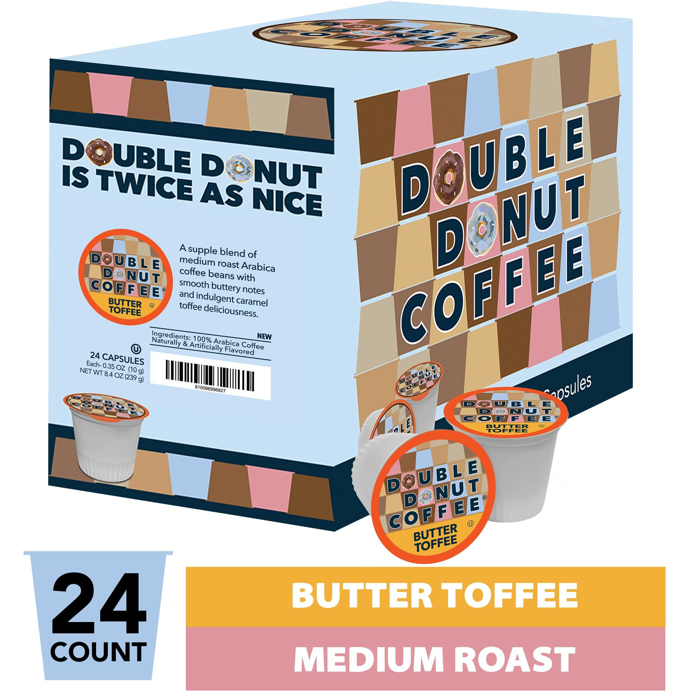 Double Donut Flavored Coffee Pods,Butter Toffee Coffee, Single Serve Medium Roast Coffee For Keurig K Cups Brewers, 24 Count