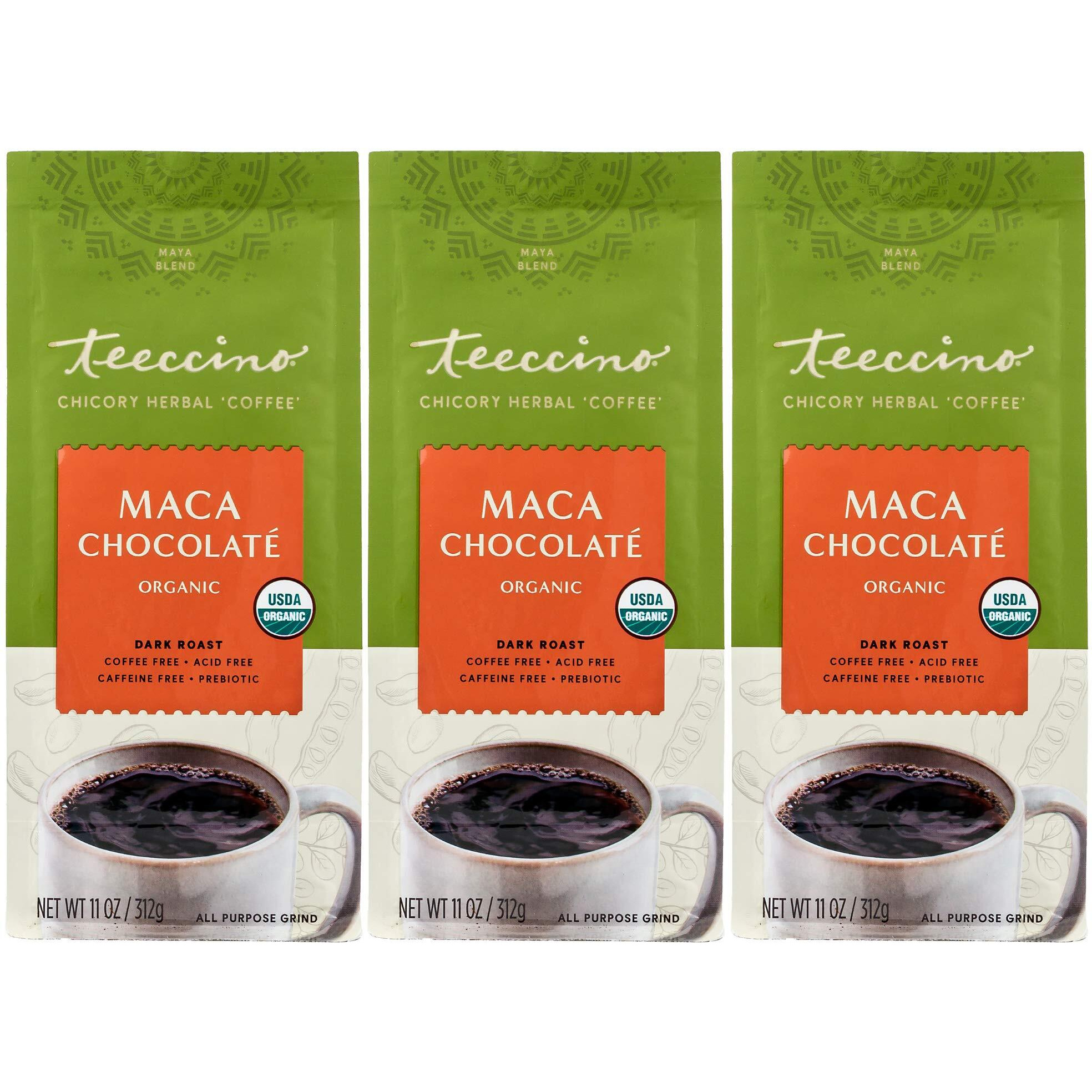 Teeccino Maca Chocolat   Chicory Coffee Alternative - Ground Herbal Coffee Thats Prebiotic, Caffeine Free & Acid Free, Dark Roast, 11 Ounce (Pack Of 3)