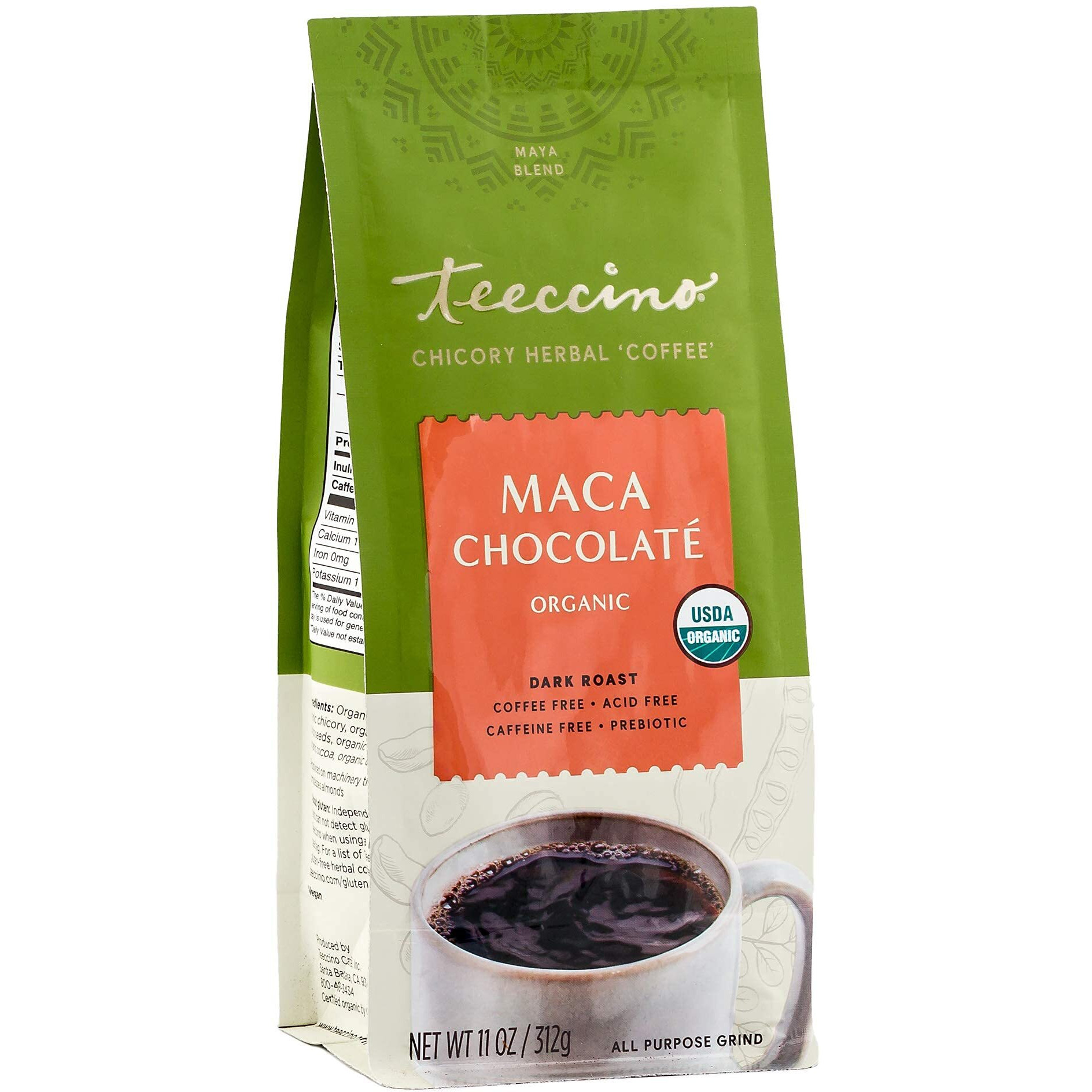 Teeccino Maca Chocolat   Chicory Coffee Alternative - Ground Herbal Coffee Thats Prebiotic, Caffeine Free & Acid Free, Dark Roast, 11 Ounce (Pack Of 3)