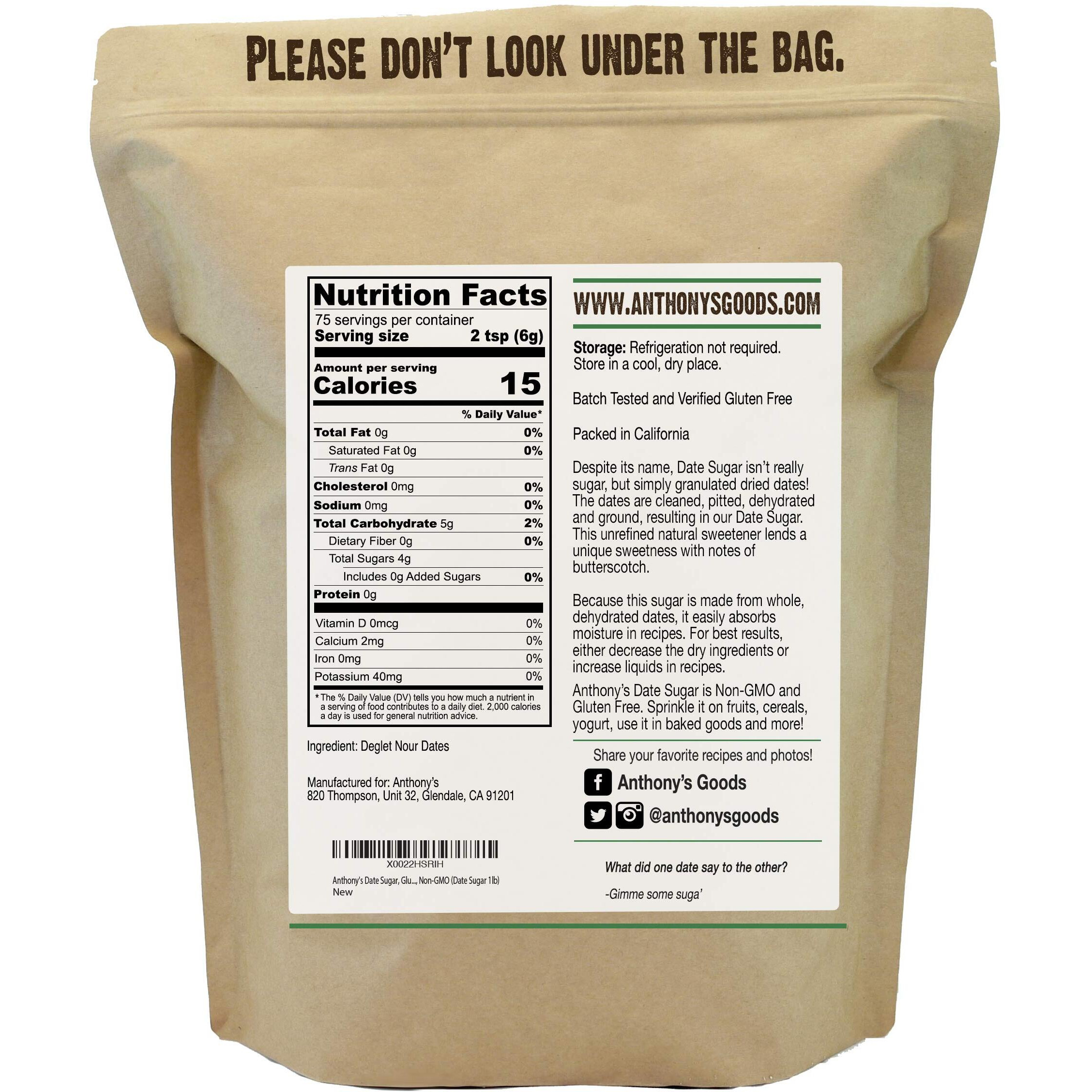 Anthony's Date Sugar, 1 Lb, Gluten Free, Non Gmo, Vegan, Granulated