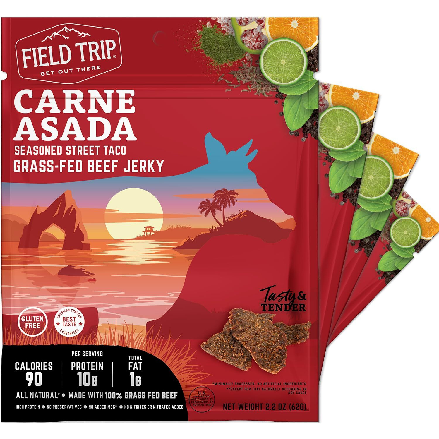 Field Trip Grass Fed Beef Jerky, Healthy Gluten Free Snacks, All Natural, High Protein, Low Carb Snack With No Nitrates, 2.2Oz, 4 Pack, Carne Asada