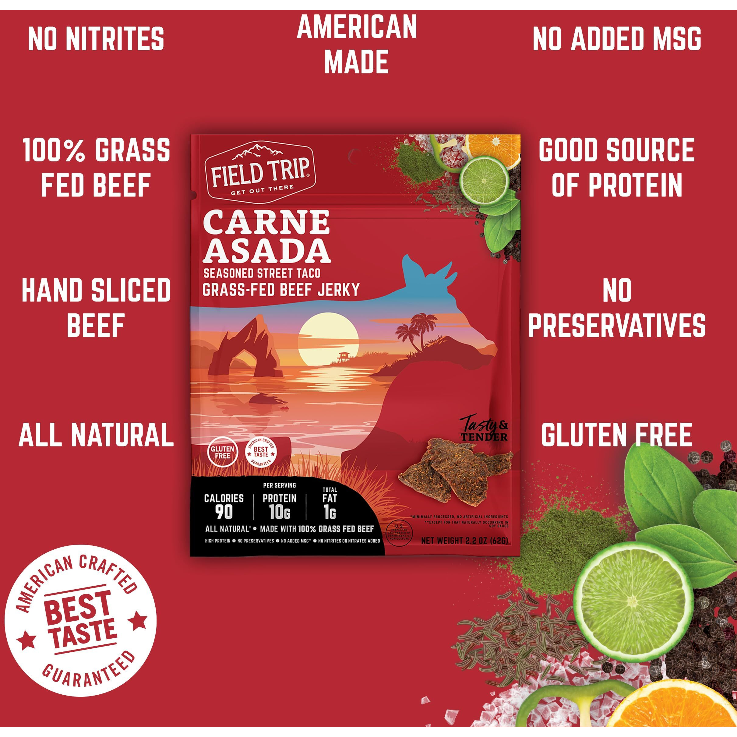 Field Trip Grass Fed Beef Jerky, Healthy Gluten Free Snacks, All Natural, High Protein, Low Carb Snack With No Nitrates, 2.2Oz, 4 Pack, Carne Asada