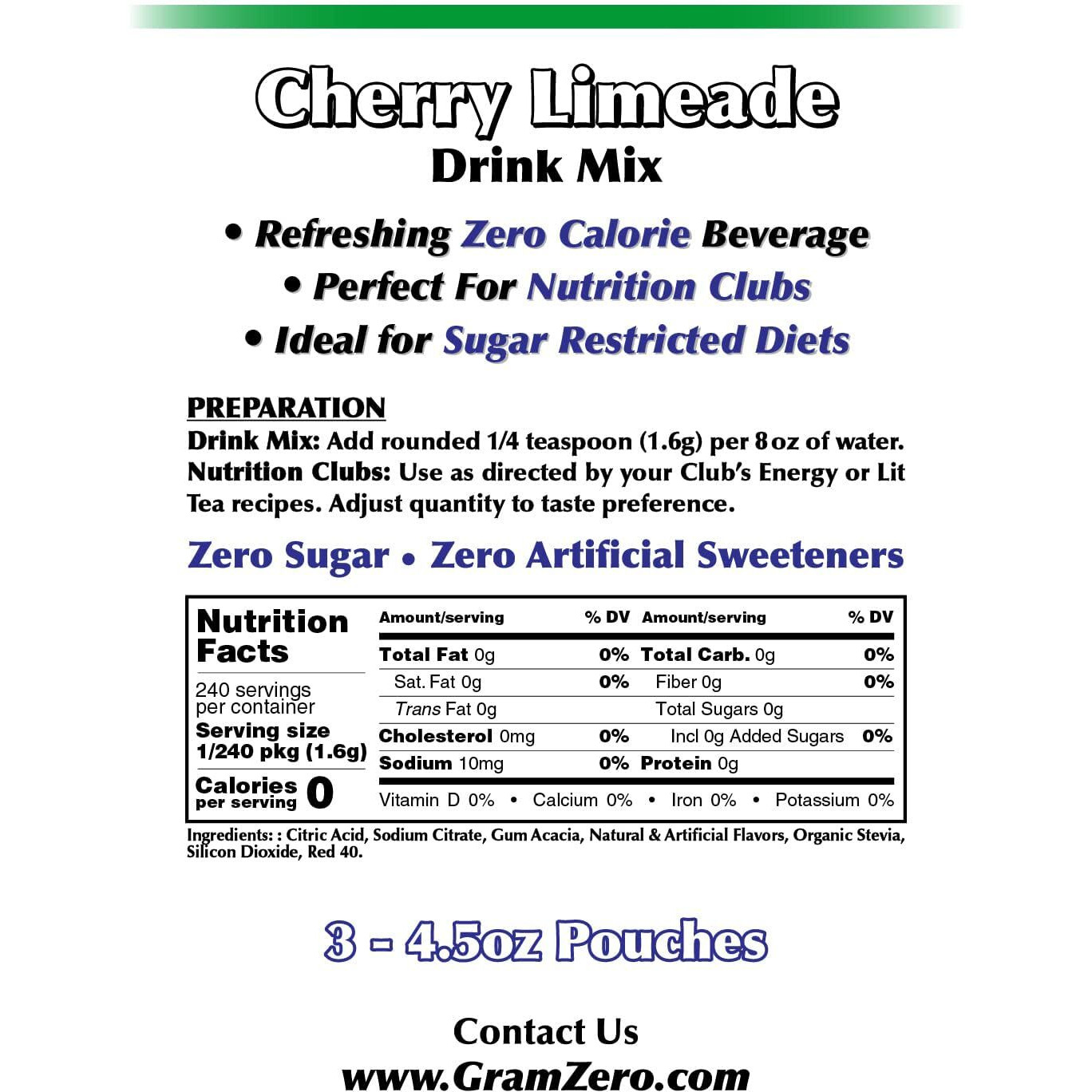 Gramzero Cherry Limeade Zero Calorie Sugar Free Drink Mix, Great For Nutrition Club Loaded Teas, Stevia Sweetened