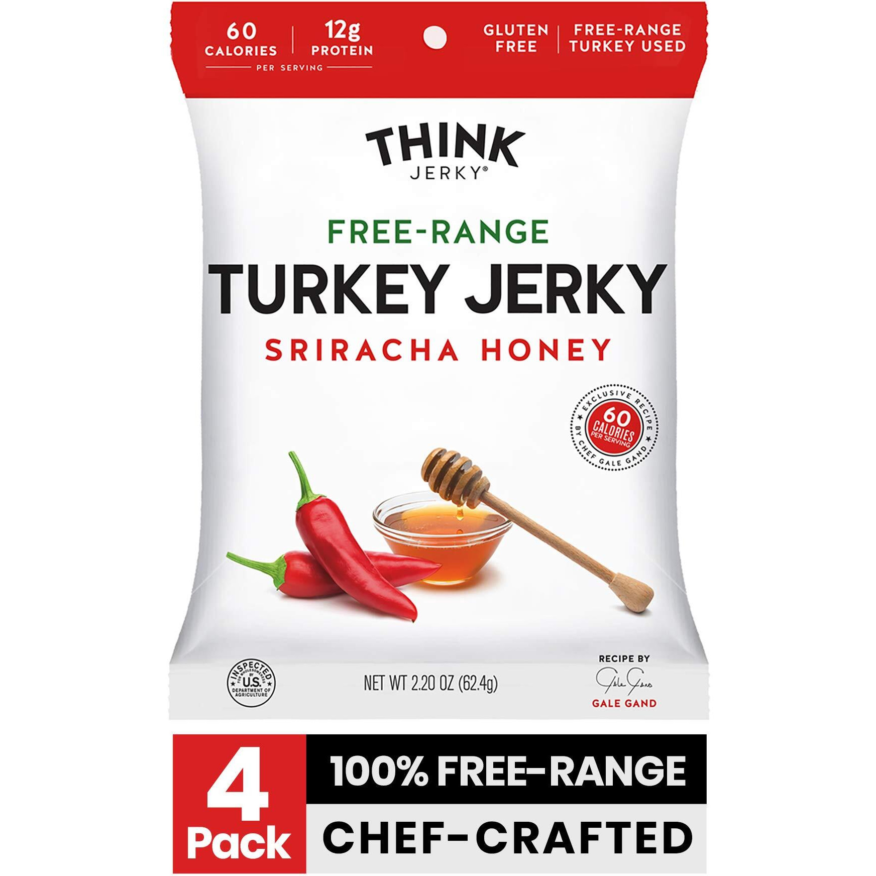 Think Jerky, Sriracha Honey Turkey Jerky (2.2 Ounce Bags, Pack Of 4 Bags) - Delicious Chef Crafted Jerky, Free Range Turkey, Gluten Free, No Antibiotics Or Nitrates - Healthy Protein Snack, Low Calorie And Low Fat