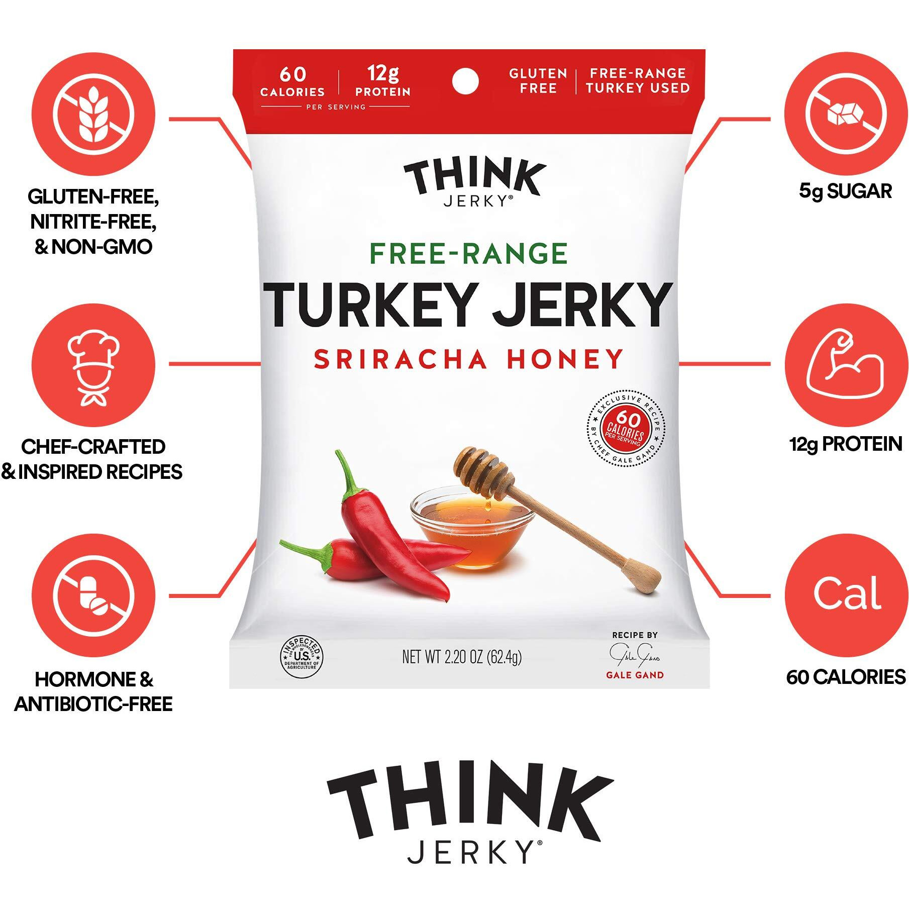 Think Jerky, Sriracha Honey Turkey Jerky (2.2 Ounce Bags, Pack Of 4 Bags) - Delicious Chef Crafted Jerky, Free Range Turkey, Gluten Free, No Antibiotics Or Nitrates - Healthy Protein Snack, Low Calorie And Low Fat