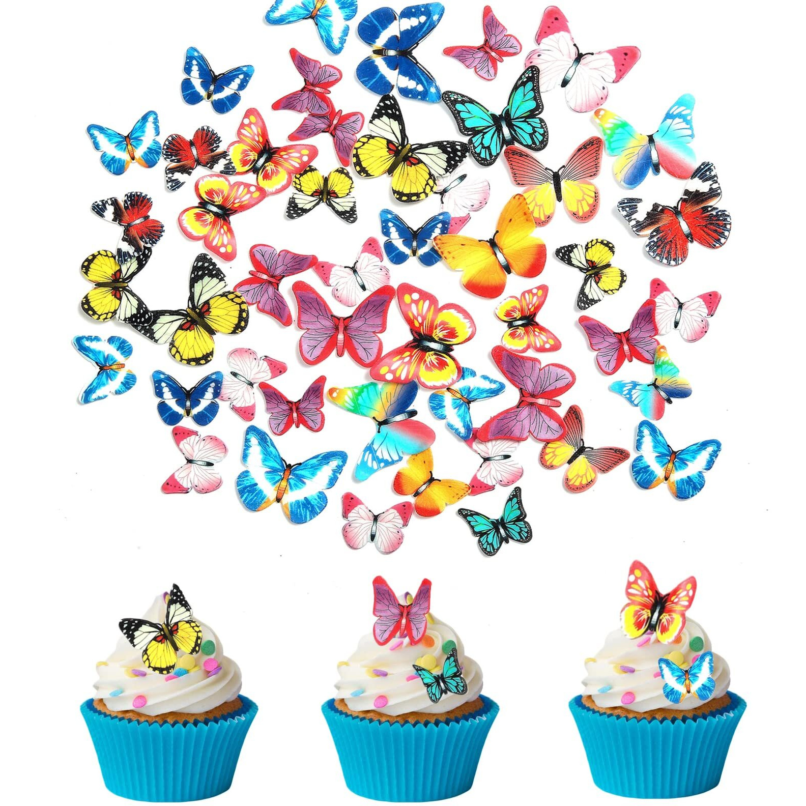 Weraru 48Pcs Edible Cake Butterfly Decoration Cake Toppers Birthday Party Cupcake Toppers Mixed Size & Colour