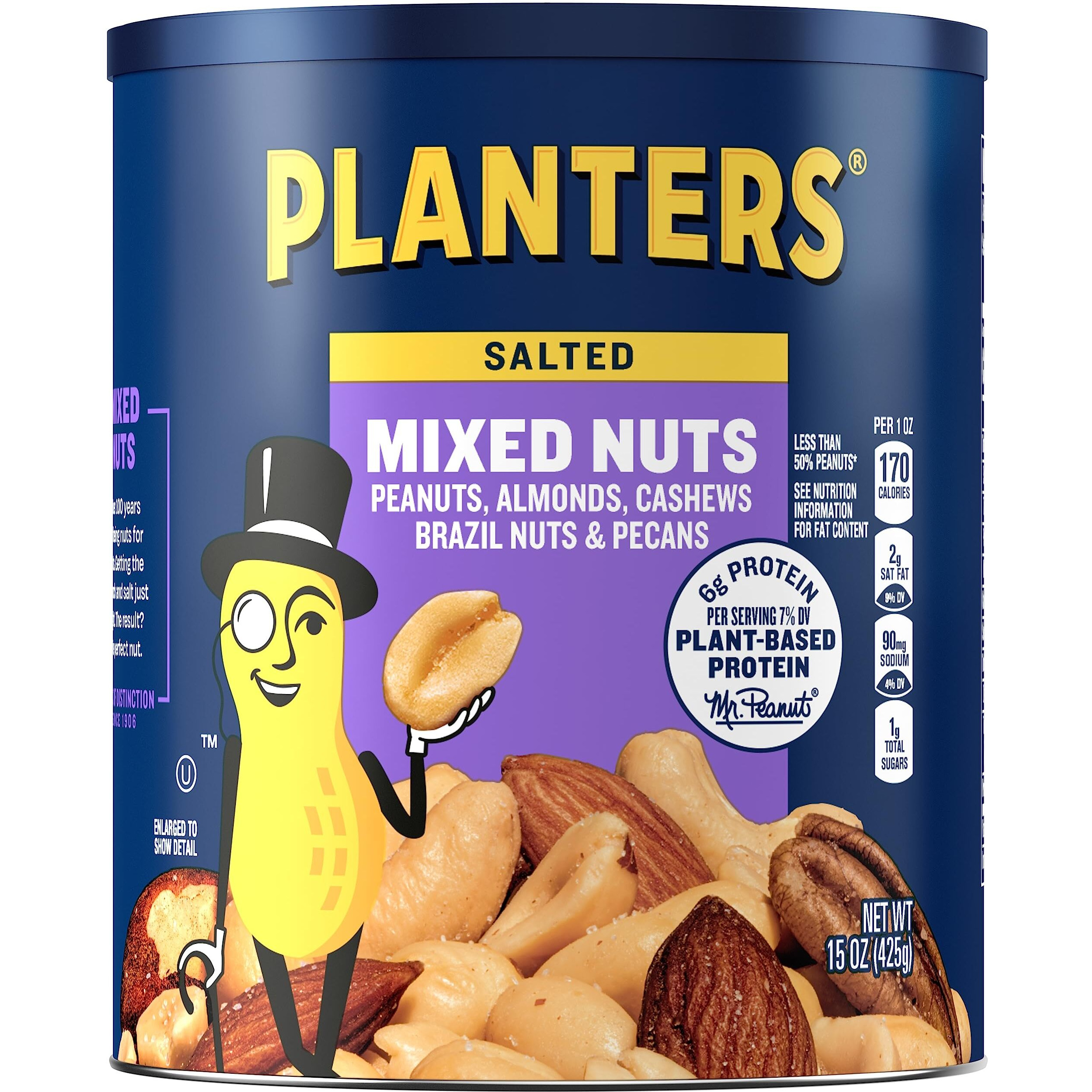 Planters Mixed Nuts Less Than 50% Peanuts With Peanuts (Almonds, Cashews, Hazelnuts & Pecans, 6 Ct Pack, 15 Oz Canisters)