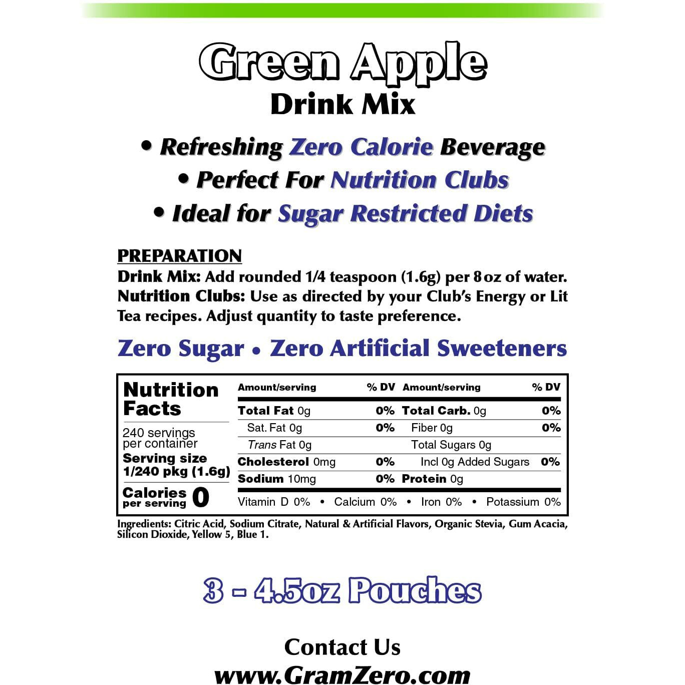 Gramzero Green Apple Zero Calorie Sugar Free Drink Mix, Great For Nutrition Club Loaded Tea, Stevia Sweetened