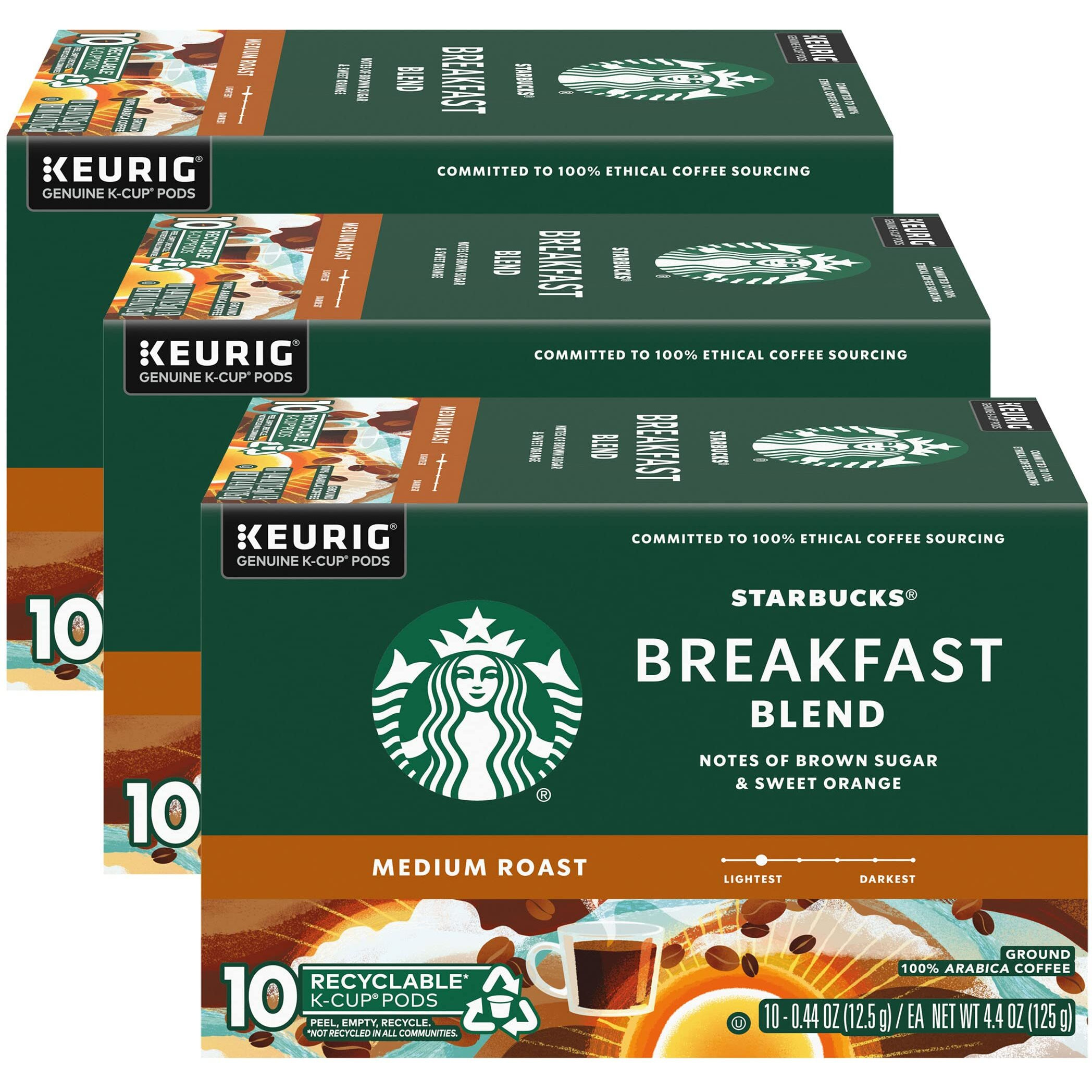 Starbucks Coffee K-Cup Pods, Breakfast Blend Medium Roast, Ground Coffee K-Cup Pods For Keurig Brewing System, 10 Ct K-Cup Pods Per Box (Pack Of 3 Boxes)