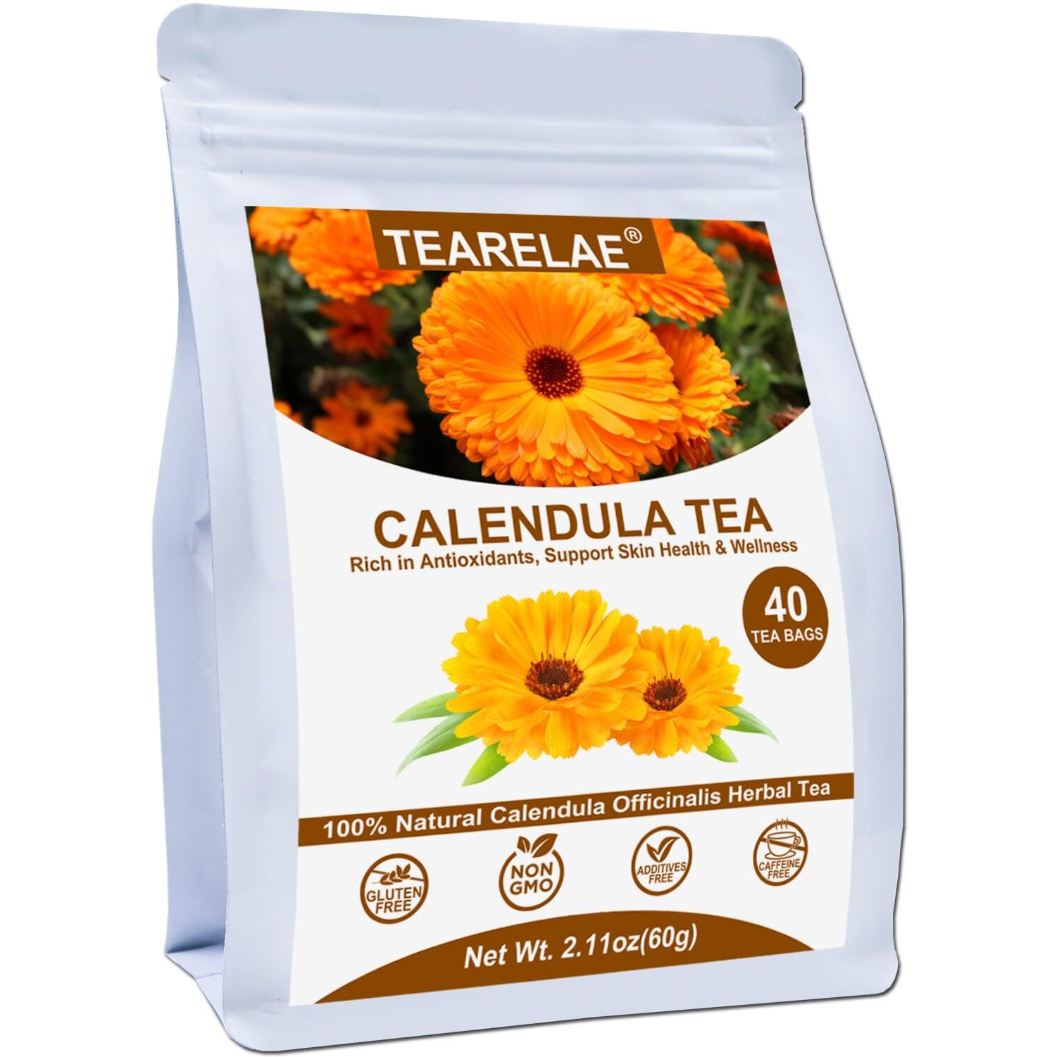 Tearelae - Premium Calendula Flowers Tea Bags - 1.5G X 40 Count - Natural Calendula Tea Cut & Sifted - Non-Gmo - Caffeine-Free - Digestion Support & Improve Skin Health