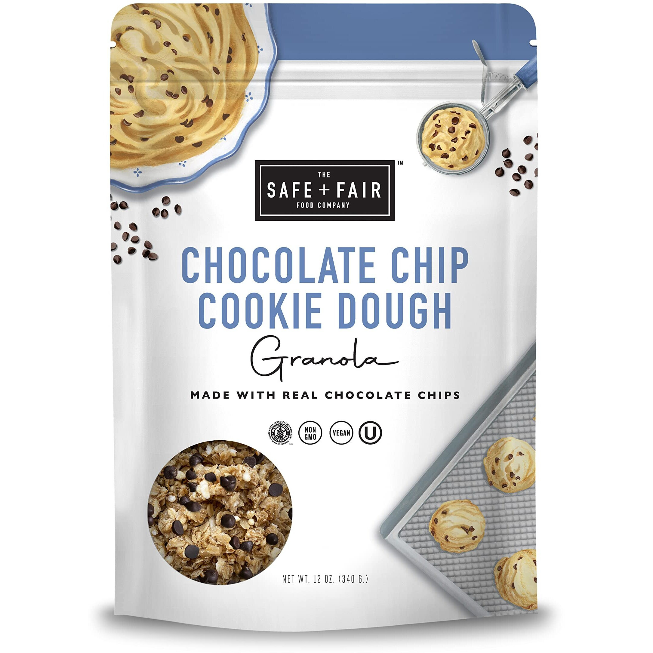 Safe + Fair Chocolate Chip Cookie Dough Granola - Gluten-Free, Dairy Free And Vegan Breakfast, Snack Or Dessert - Free From Top 9 Allergens, Trans Fat And Artificial Ingredients - Non Gmo, 12Oz Pack