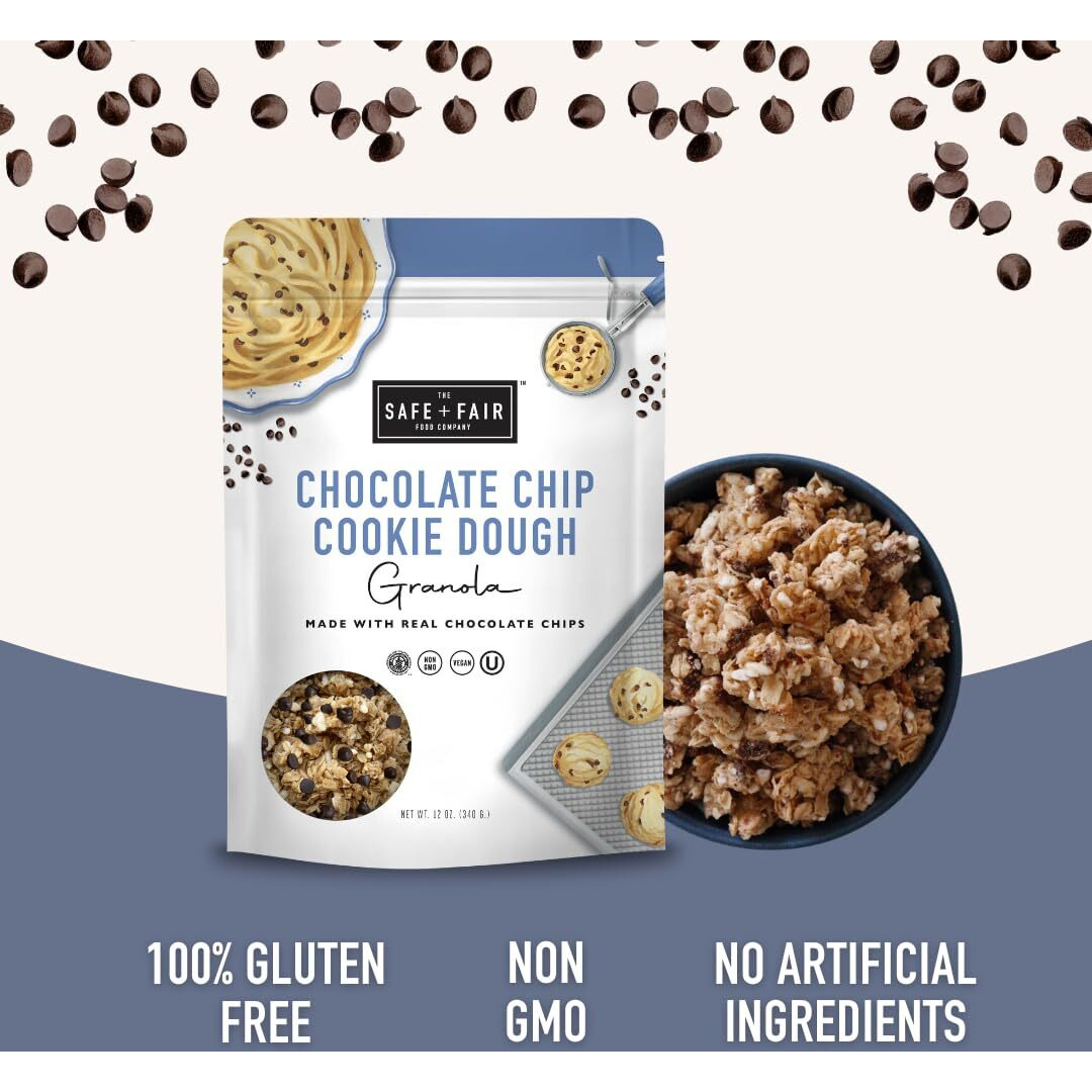 Safe + Fair Chocolate Chip Cookie Dough Granola - Gluten-Free, Dairy Free And Vegan Breakfast, Snack Or Dessert - Free From Top 9 Allergens, Trans Fat And Artificial Ingredients - Non Gmo, 12Oz Pack