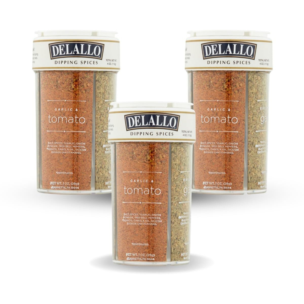 Delallo Italian Dipping Spices Variety Seasoning Shaker, 4 Ounce Container, 3 Pack, With Garlic, Pepper & Tomato, Sun-Dried Tomato, Rosemary & Garlic, Roasted Garlic Parmesan